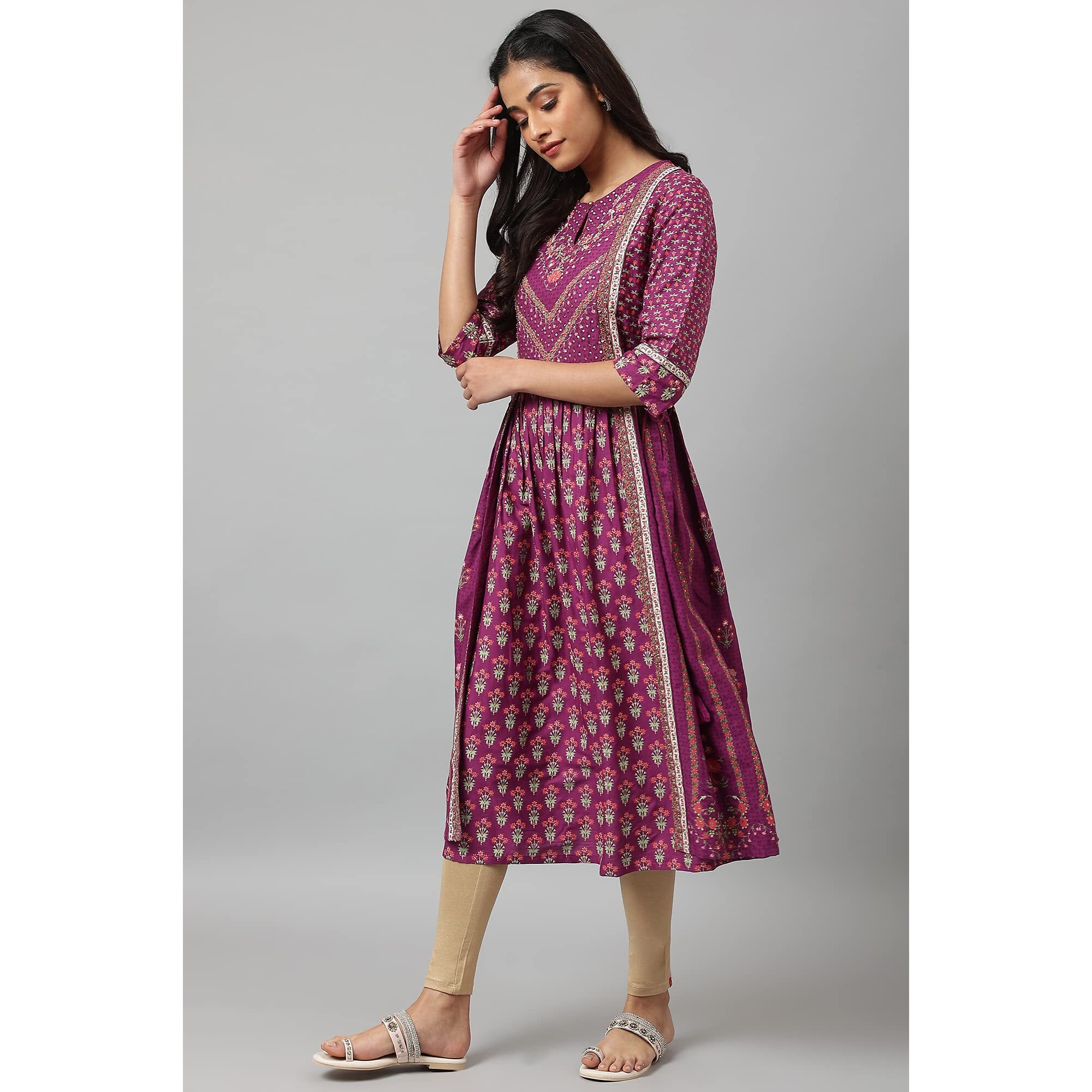 W For Woman Dark Purple Floral Printed A-Line Kurta With Sequins