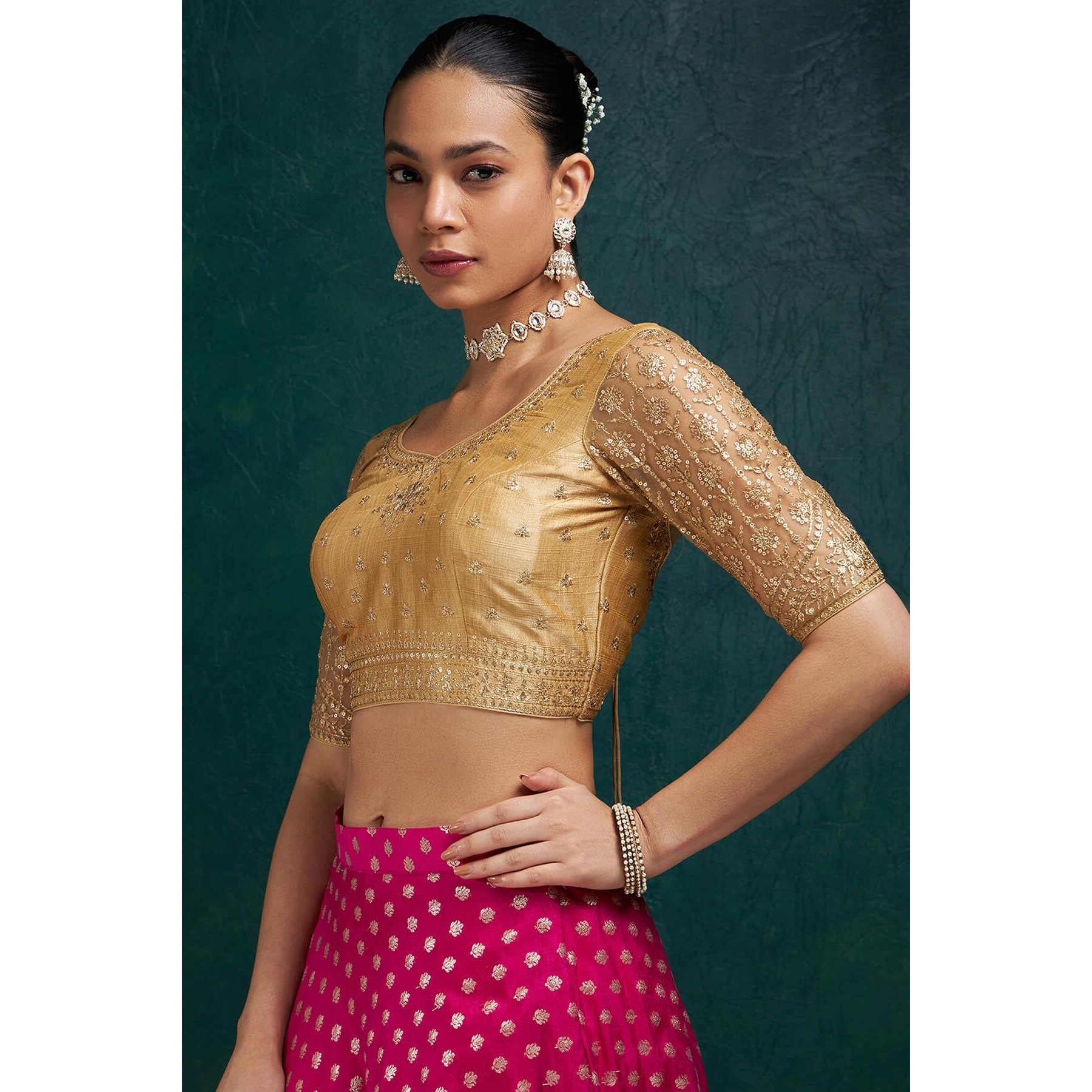 Soch Womens Gold Zari Embroidery Silk Blend Padded Blouse With Sequins