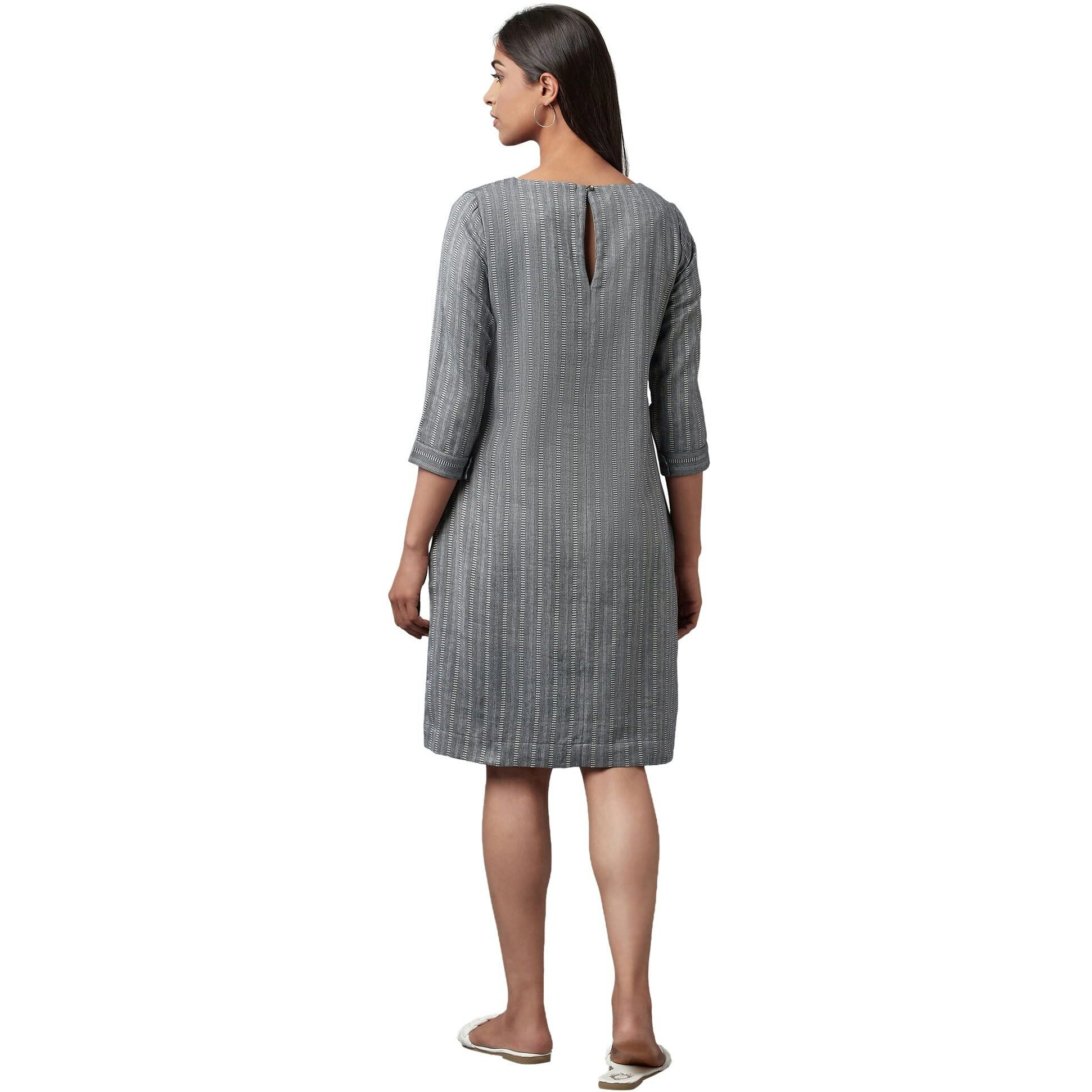 W For Woman Women's Cotton Dark Grey Cootton Textured Stripes Dress In Round Neck Above The Knee (22Few17729-830078 M)