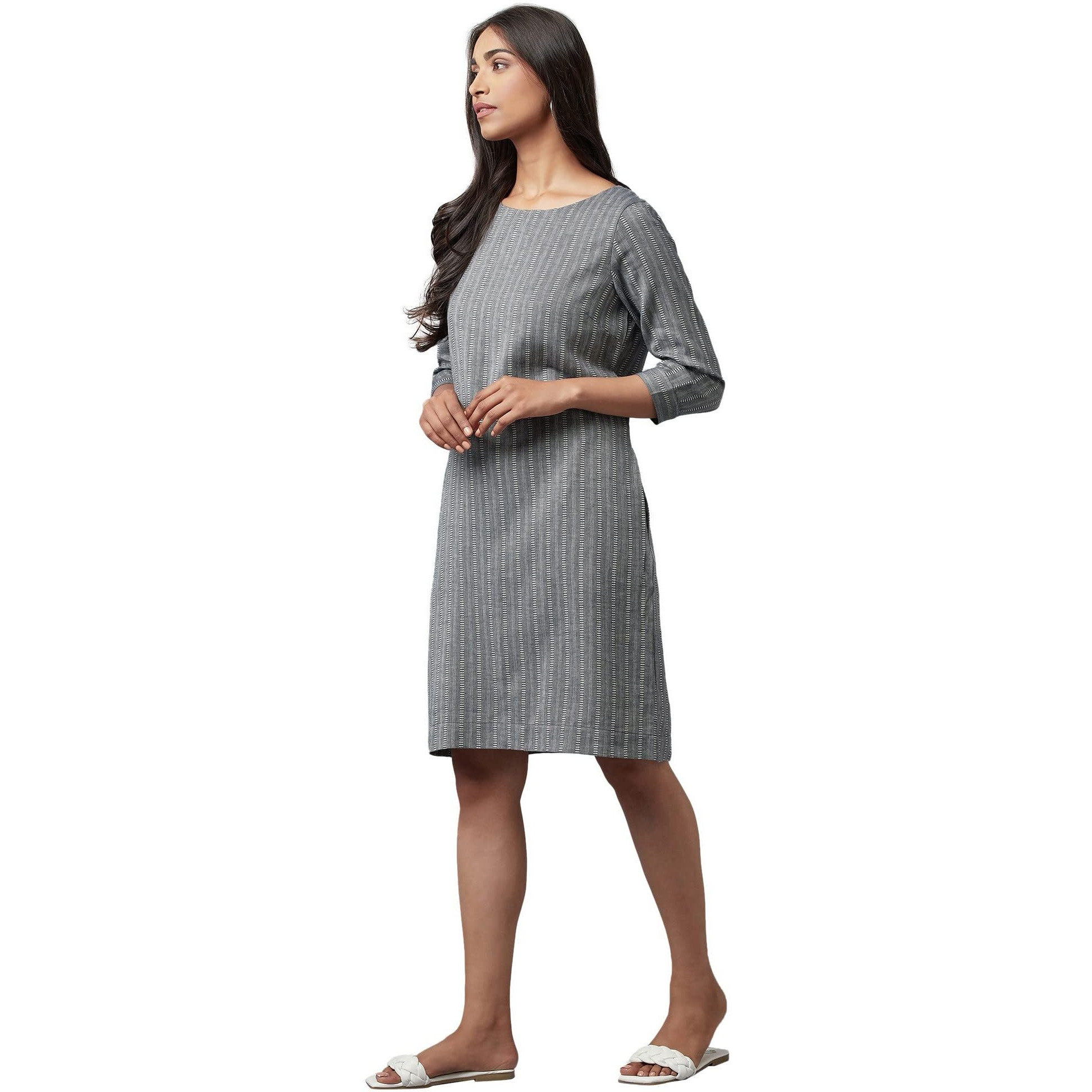 W For Woman Women's Cotton Dark Grey Cootton Textured Stripes Dress In Round Neck Above The Knee (22Few17729-830078 M)