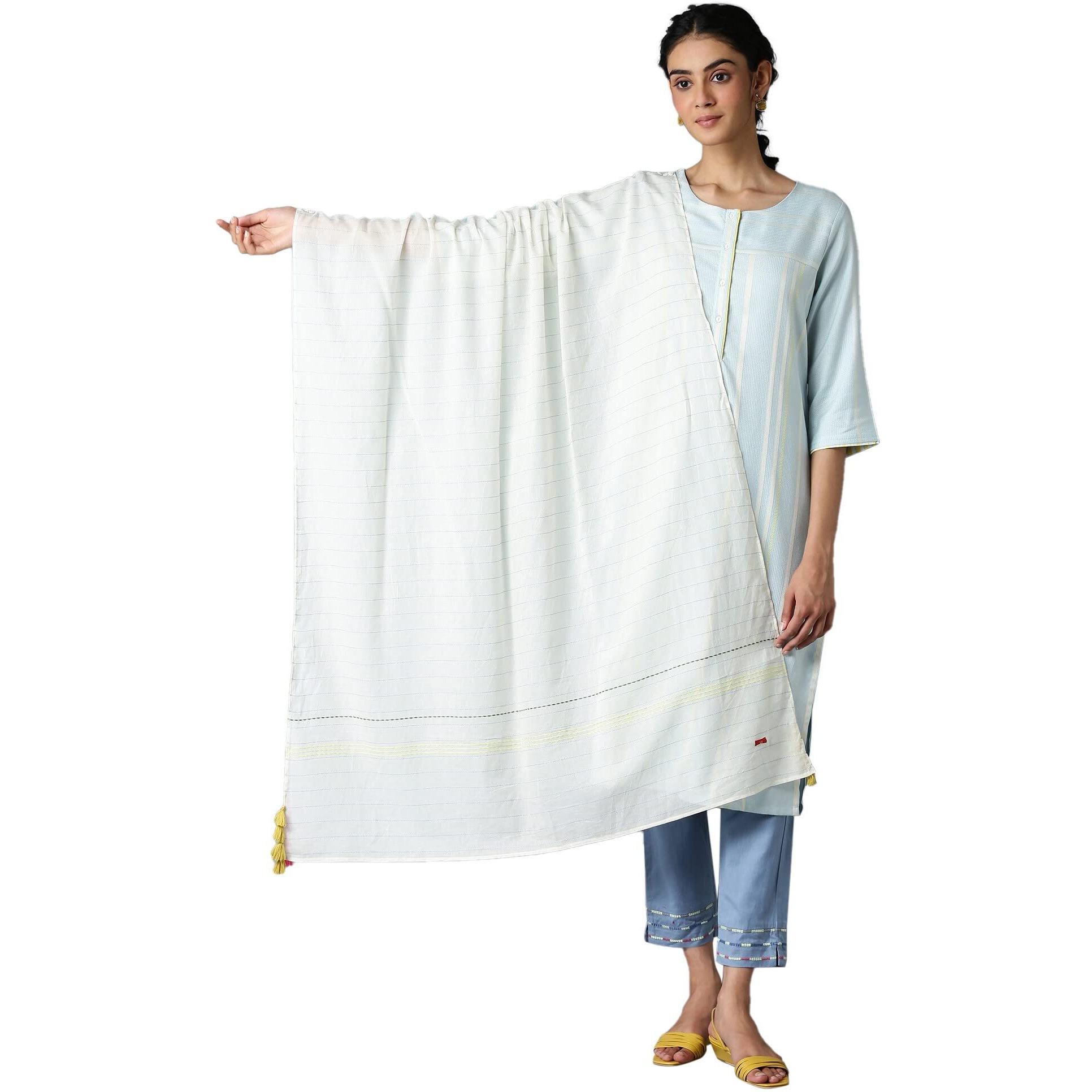 W For Woman Light Blue Yarn-Dyed Cotton Dupatta_22Few81415-312343_Free Size