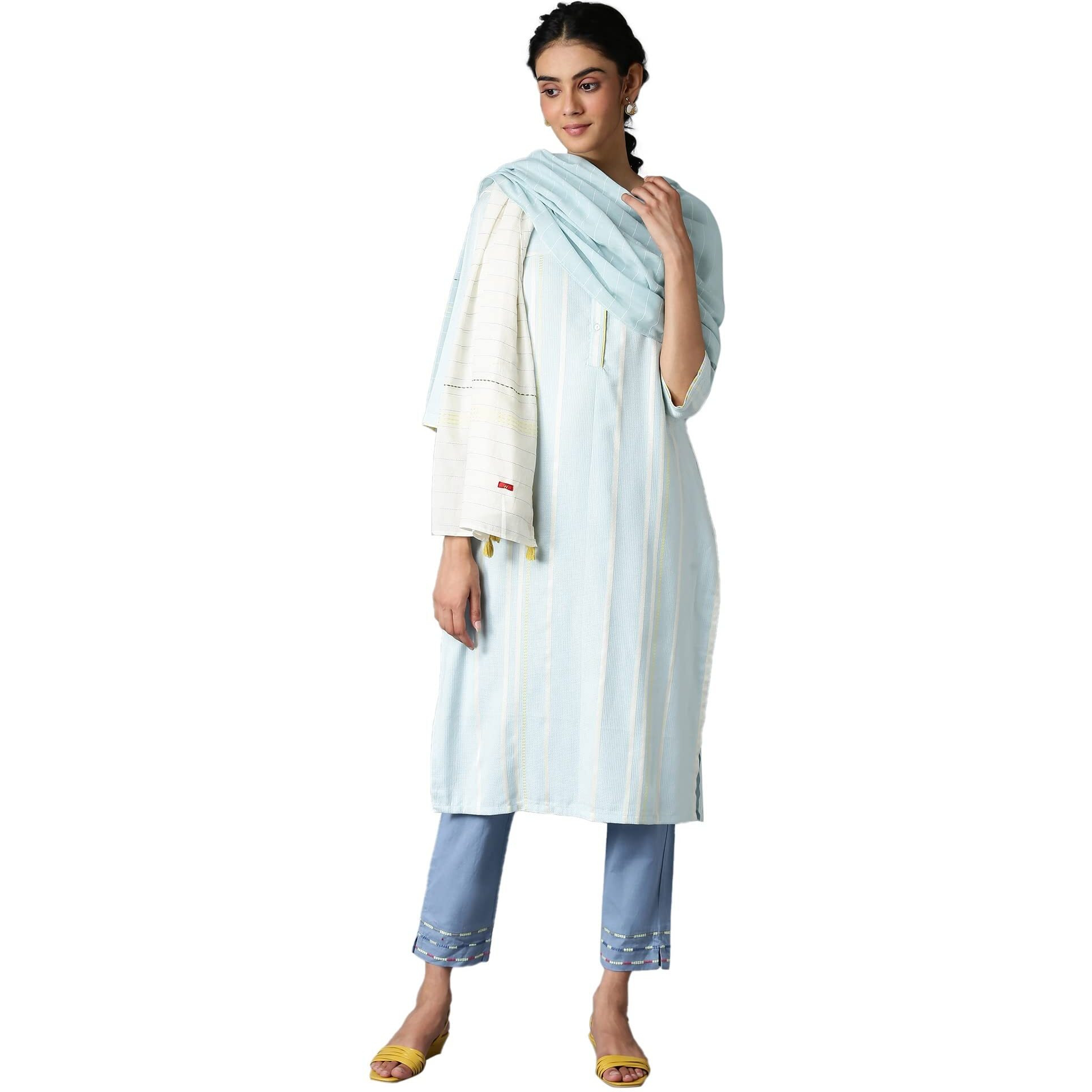 W For Woman Light Blue Yarn-Dyed Cotton Dupatta_22Few81415-312343_Free Size
