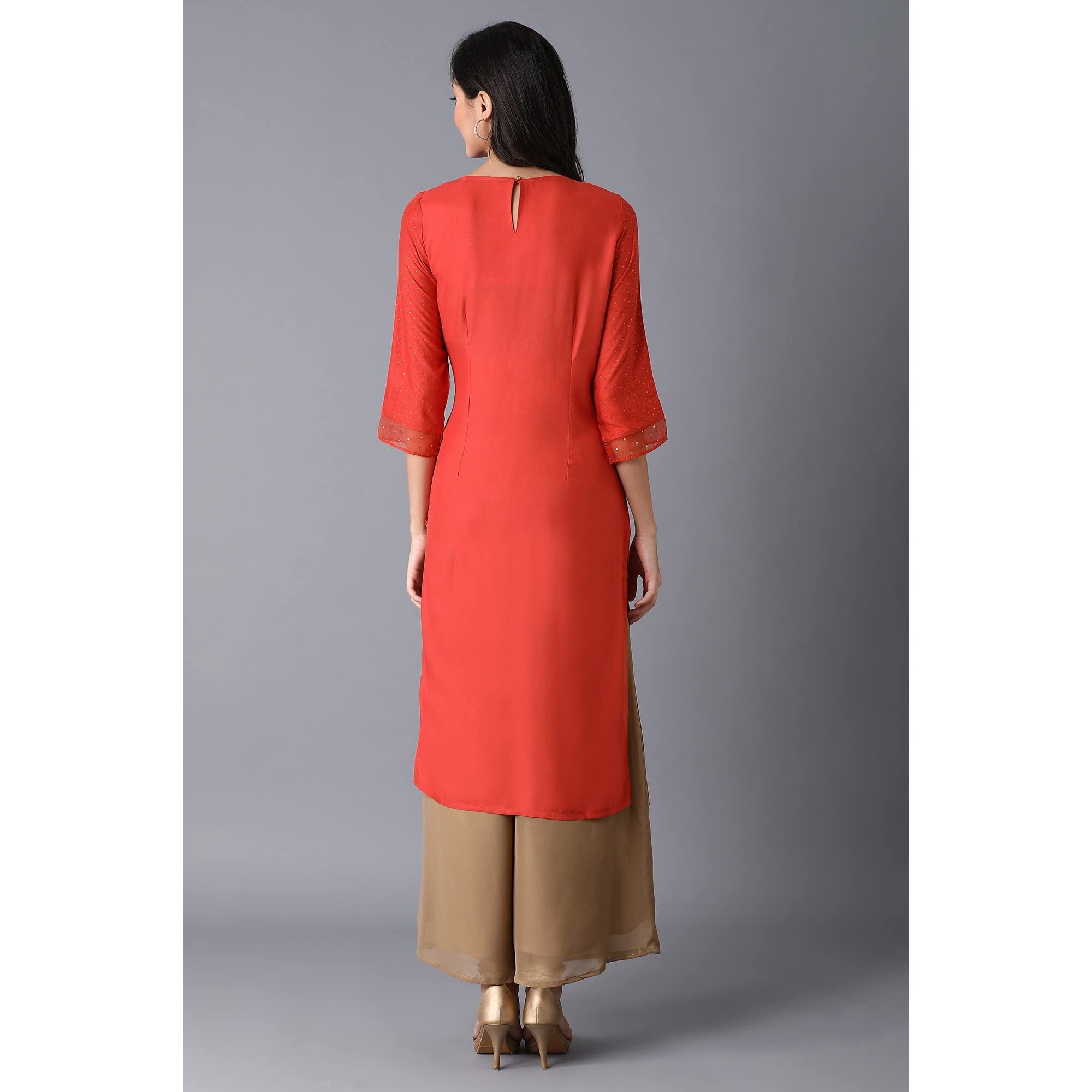 W For Woman Orange Polka Dot Glitter Regular Kurta With Metallic Embroidery