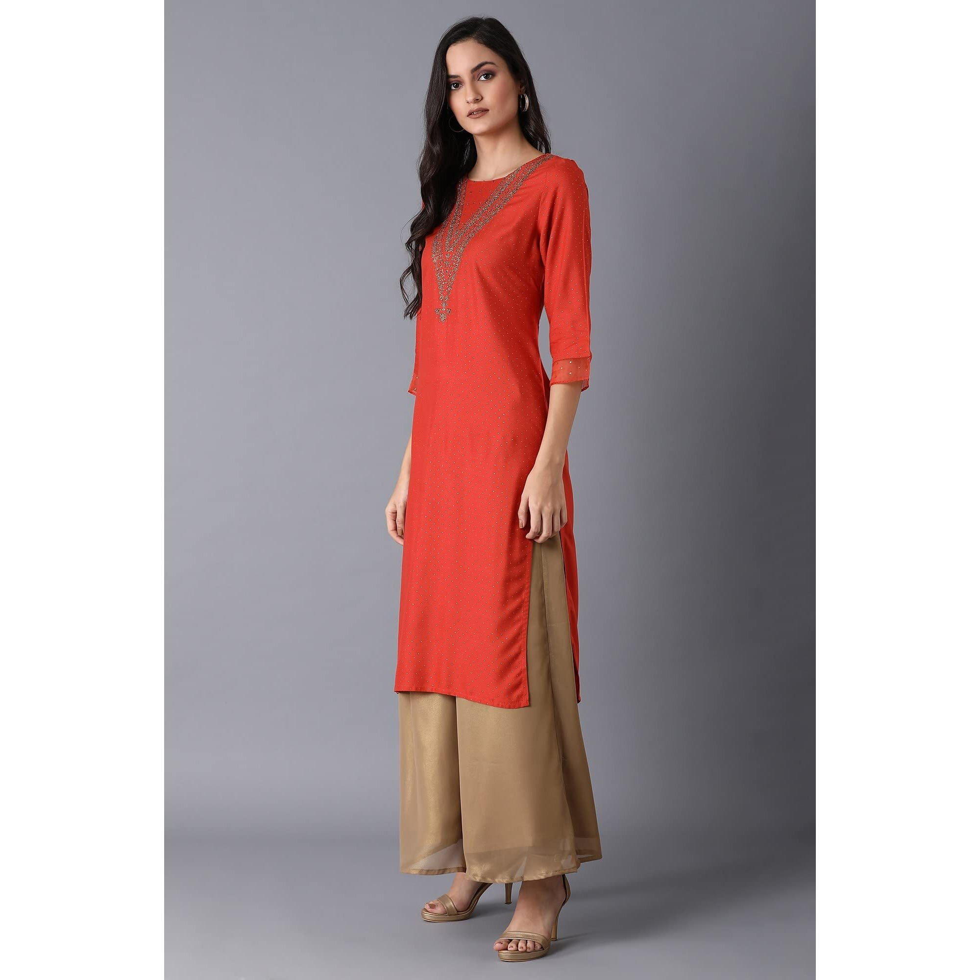 W For Woman Orange Polka Dot Glitter Regular Kurta With Metallic Embroidery