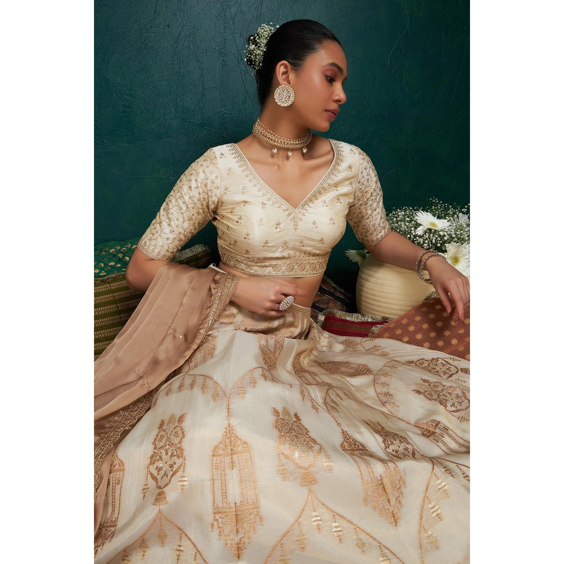 Soch Womens Cream Zari Embroidery Padded Silk Blend Blouse With Sequins