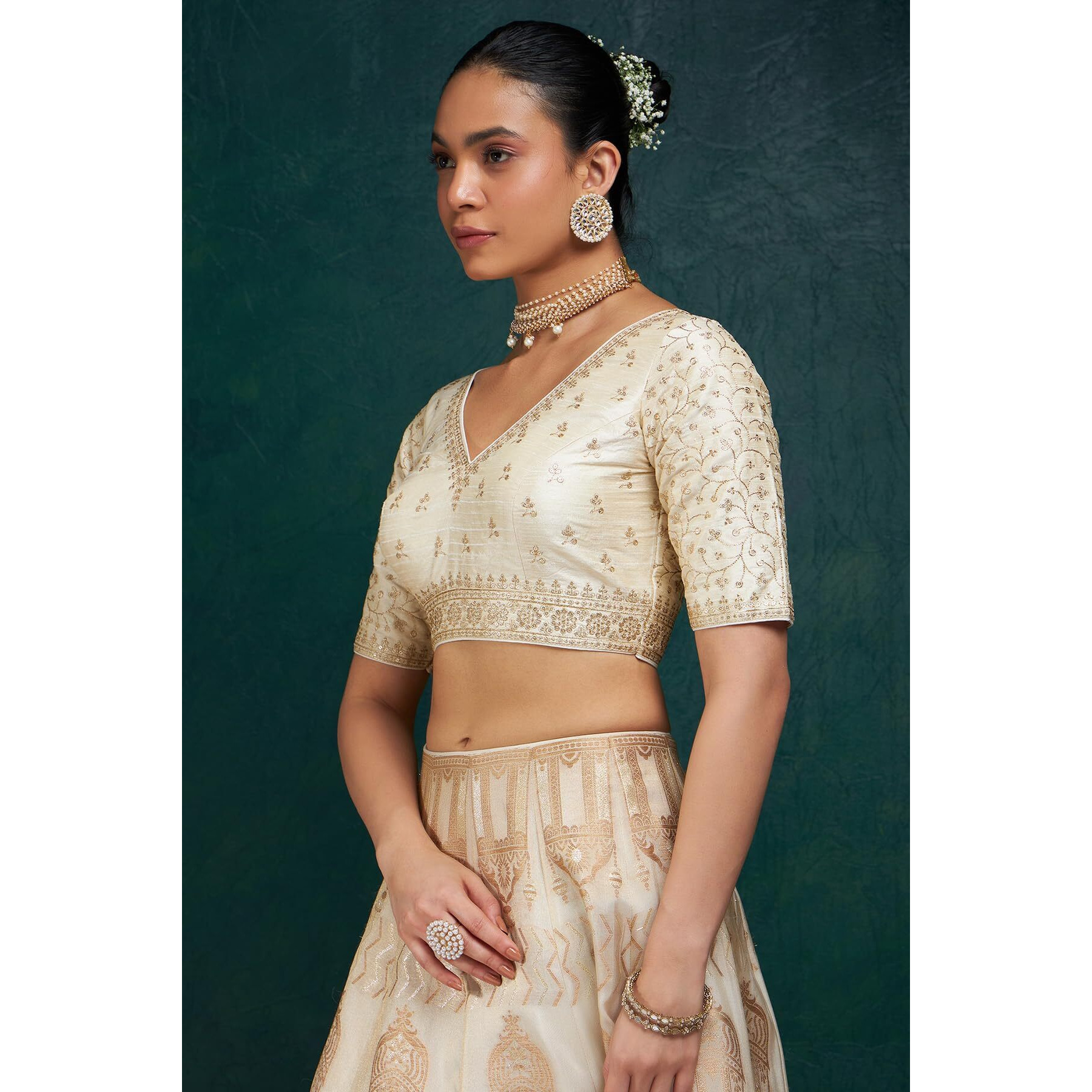 Soch Womens Cream Zari Embroidery Padded Silk Blend Blouse With Sequins