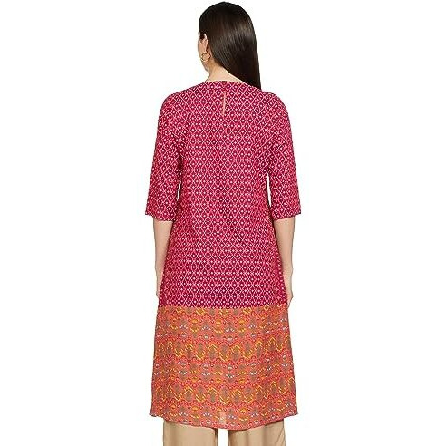 W Dark Pink Floral Printed Embroidered Regular Kurta For Women