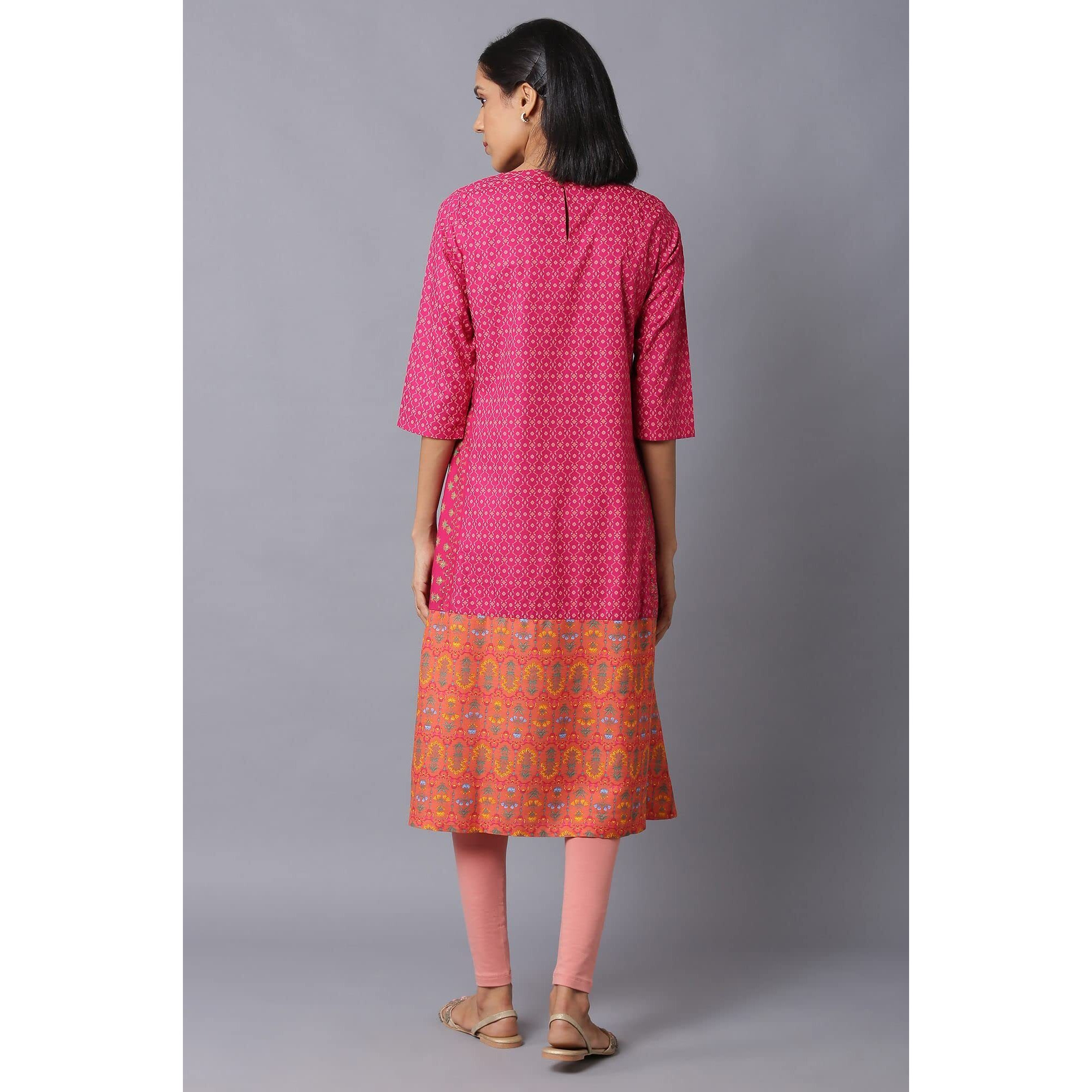 W Dark Pink Floral Printed Embroidered Regular Kurta For Women