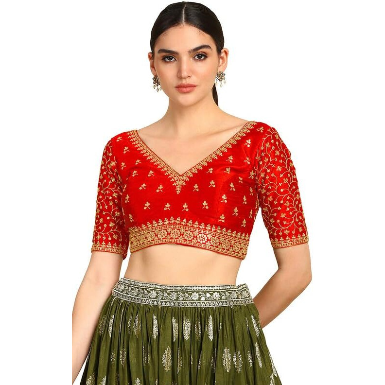 Soch Womens Red Zari Embroidery Padded Silk Blend Blouse With Sequins