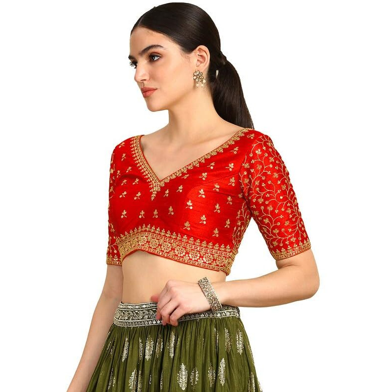 Soch Womens Red Zari Embroidery Padded Silk Blend Blouse With Sequins