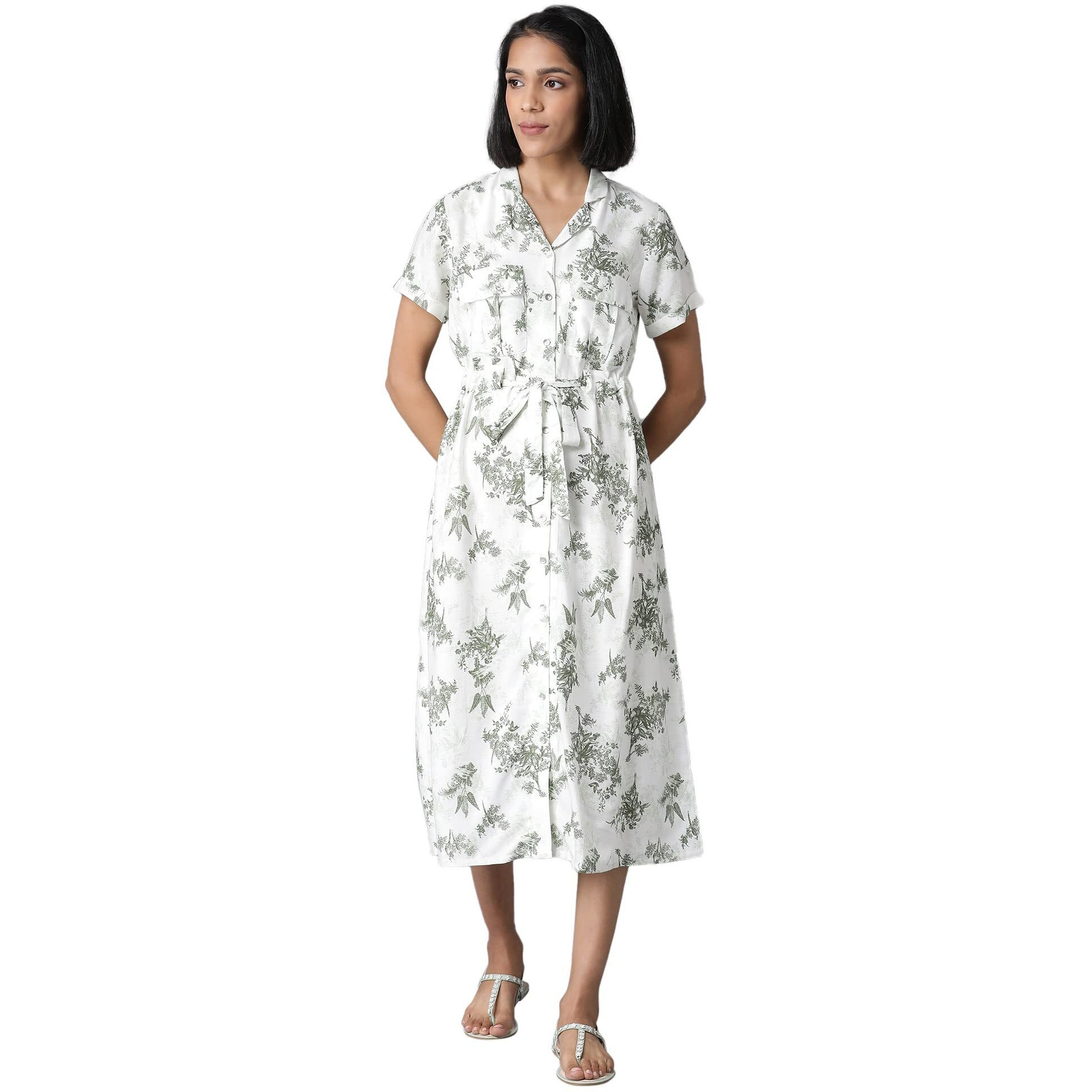 W For Woman Women's Rayon Ecru Floral Print Lapel Collar Dress Calf Length (22Few17755-810036 M)