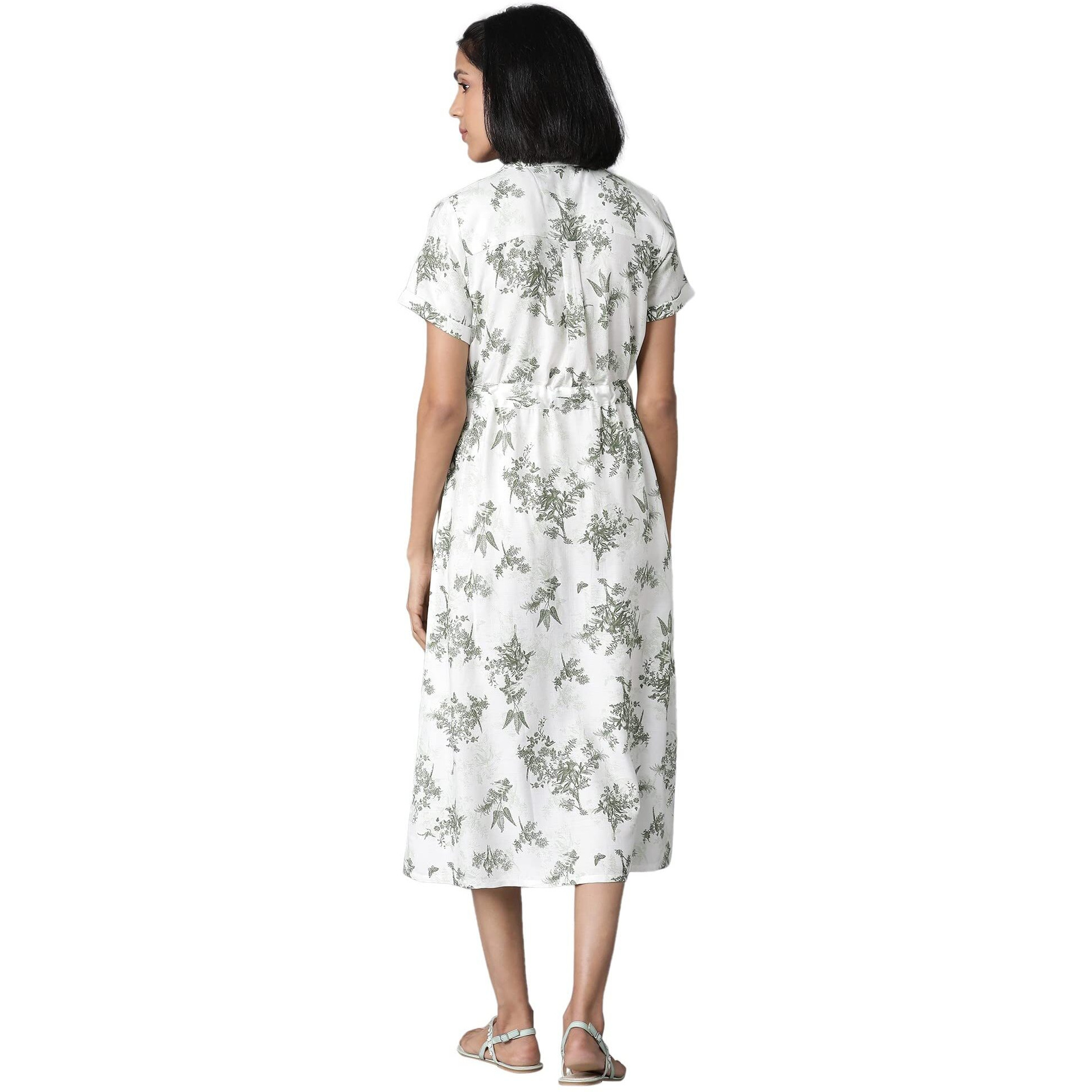 W For Woman Women's Rayon Ecru Floral Print Lapel Collar Dress Calf Length (22Few17755-810036 M)