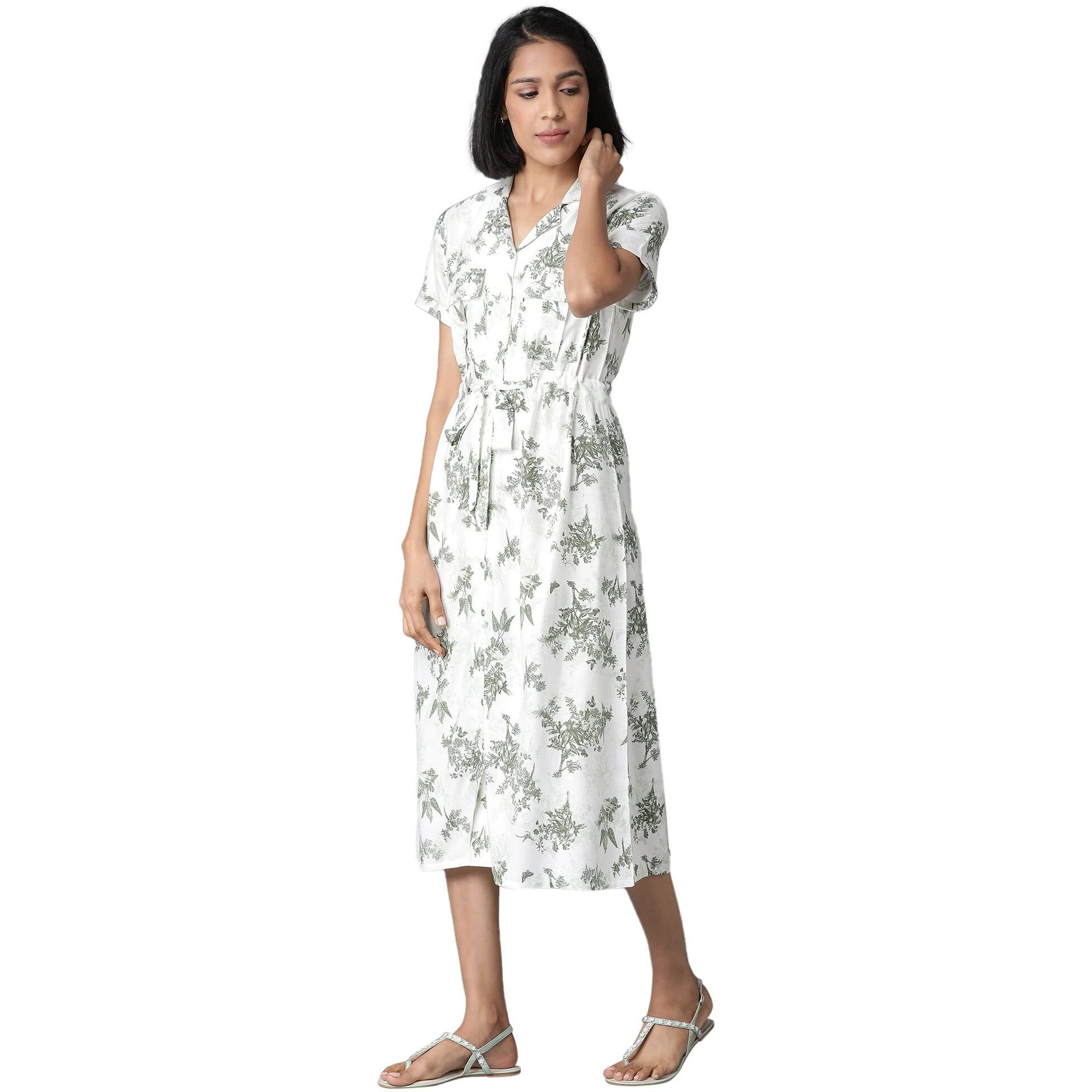 W For Woman Women's Rayon Ecru Floral Print Lapel Collar Dress Calf Length (22Few17755-810036 M)