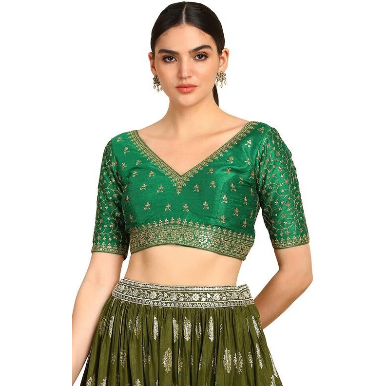 Soch Womens Green Zari Embroidery Padded Silk Blend Blouse With Sequins