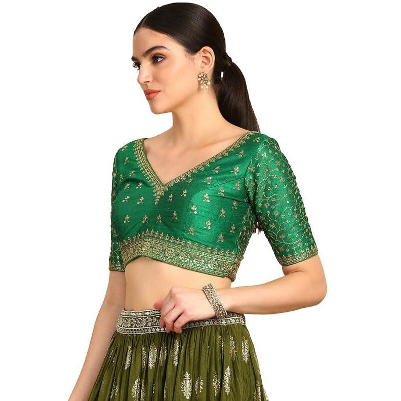 Soch Womens Green Zari Embroidery Padded Silk Blend Blouse With Sequins