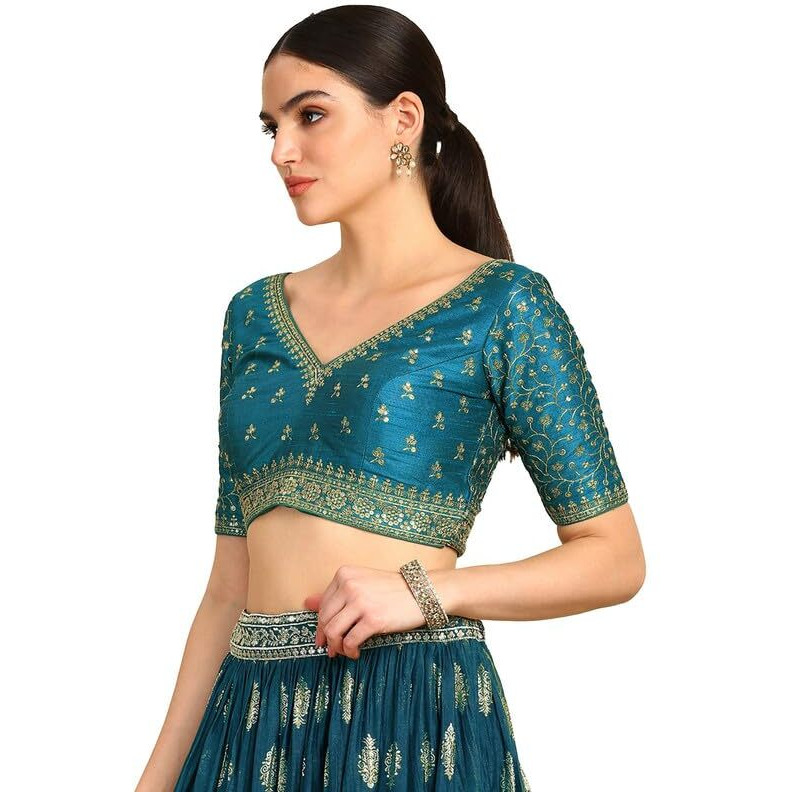 Soch Womens Teal Zari Embroidery Padded Silk Blend Blouse With Sequins