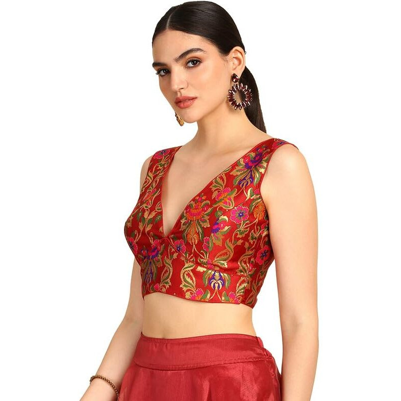 Soch Womens Maroon Floral Plunge Neck Silk Blend Padded Blouse