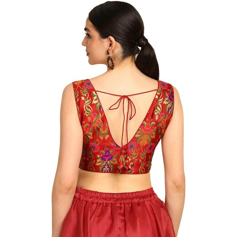 Soch Womens Maroon Floral Plunge Neck Silk Blend Padded Blouse