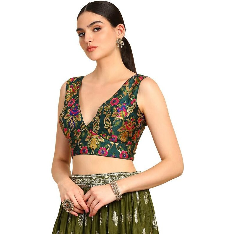 Soch Womens Green Floral Plunge Neck Silk Blend Padded Blouse