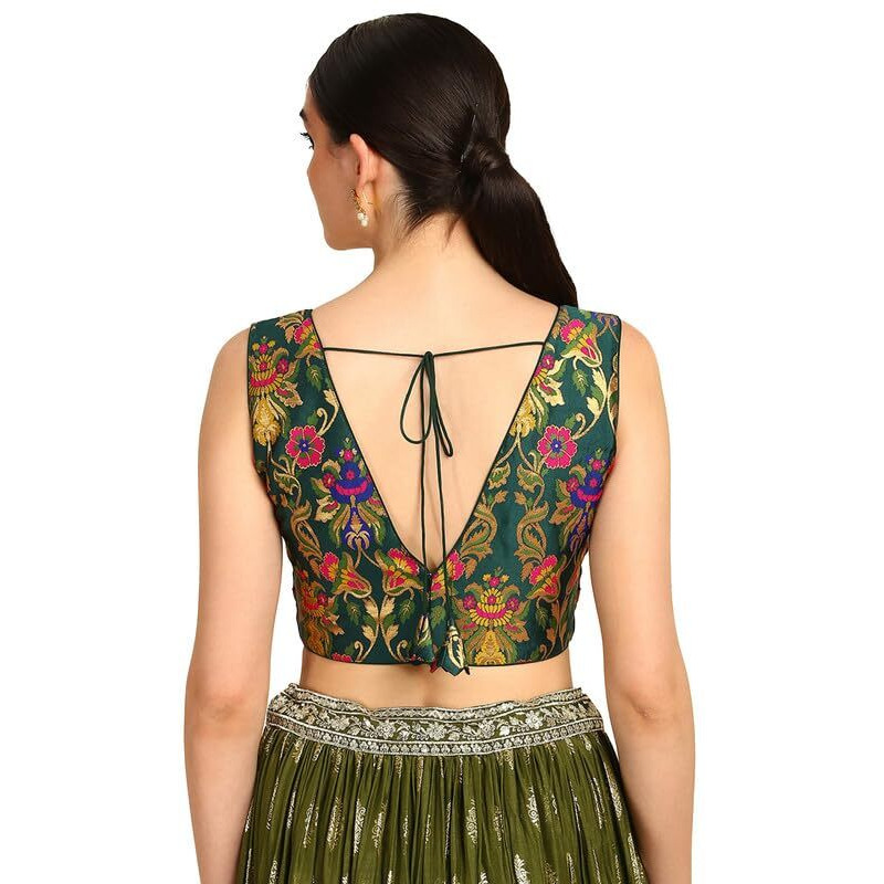 Soch Womens Green Floral Plunge Neck Silk Blend Padded Blouse