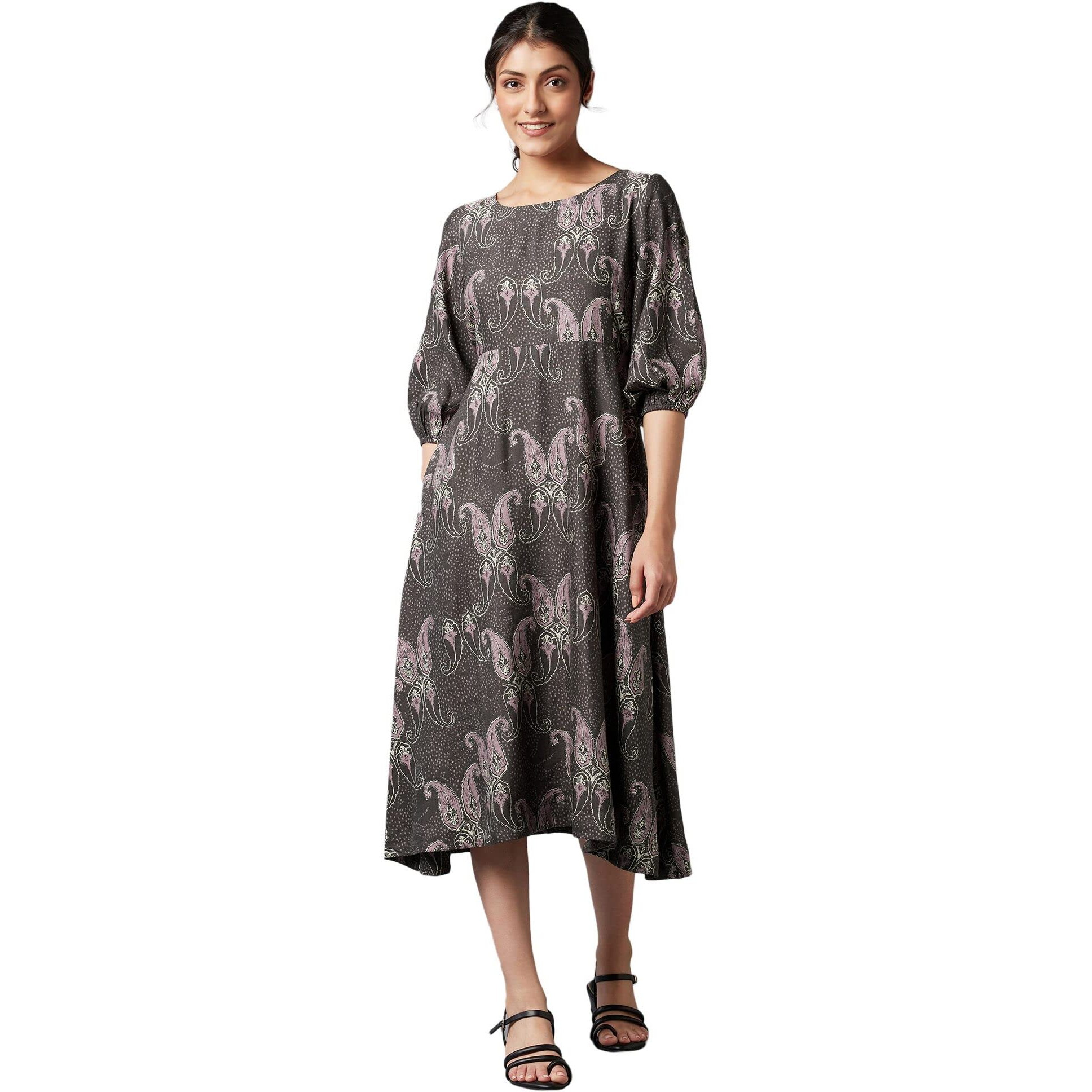 W For Woman Women's Rayon Dark Brown Paisley Print Maxi Dress Below The Knee (22Few17935-810230 M)
