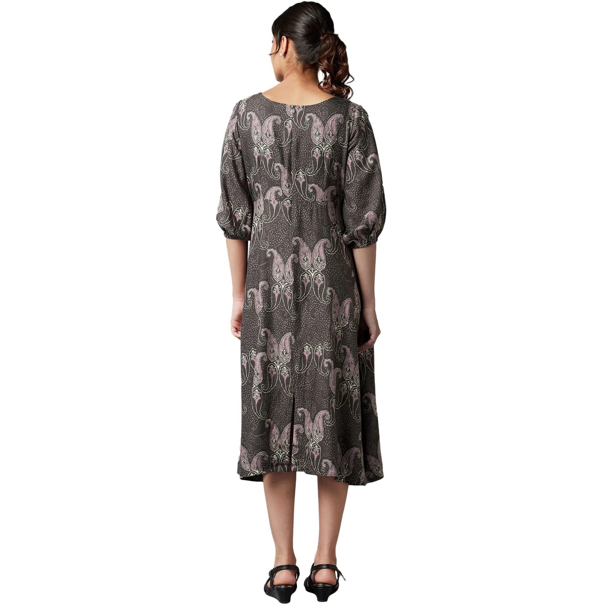 W For Woman Women's Rayon Dark Brown Paisley Print Maxi Dress Below The Knee (22Few17935-810230 M)