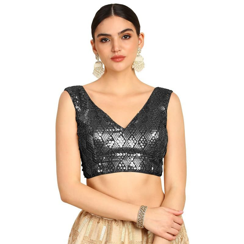 Soch Womens Black Sequinned Embellished Georgette Padded Blouse