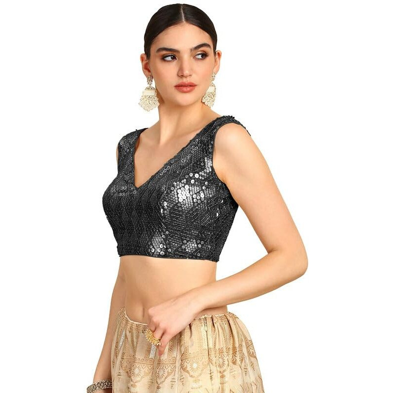 Soch Womens Black Sequinned Embellished Georgette Padded Blouse