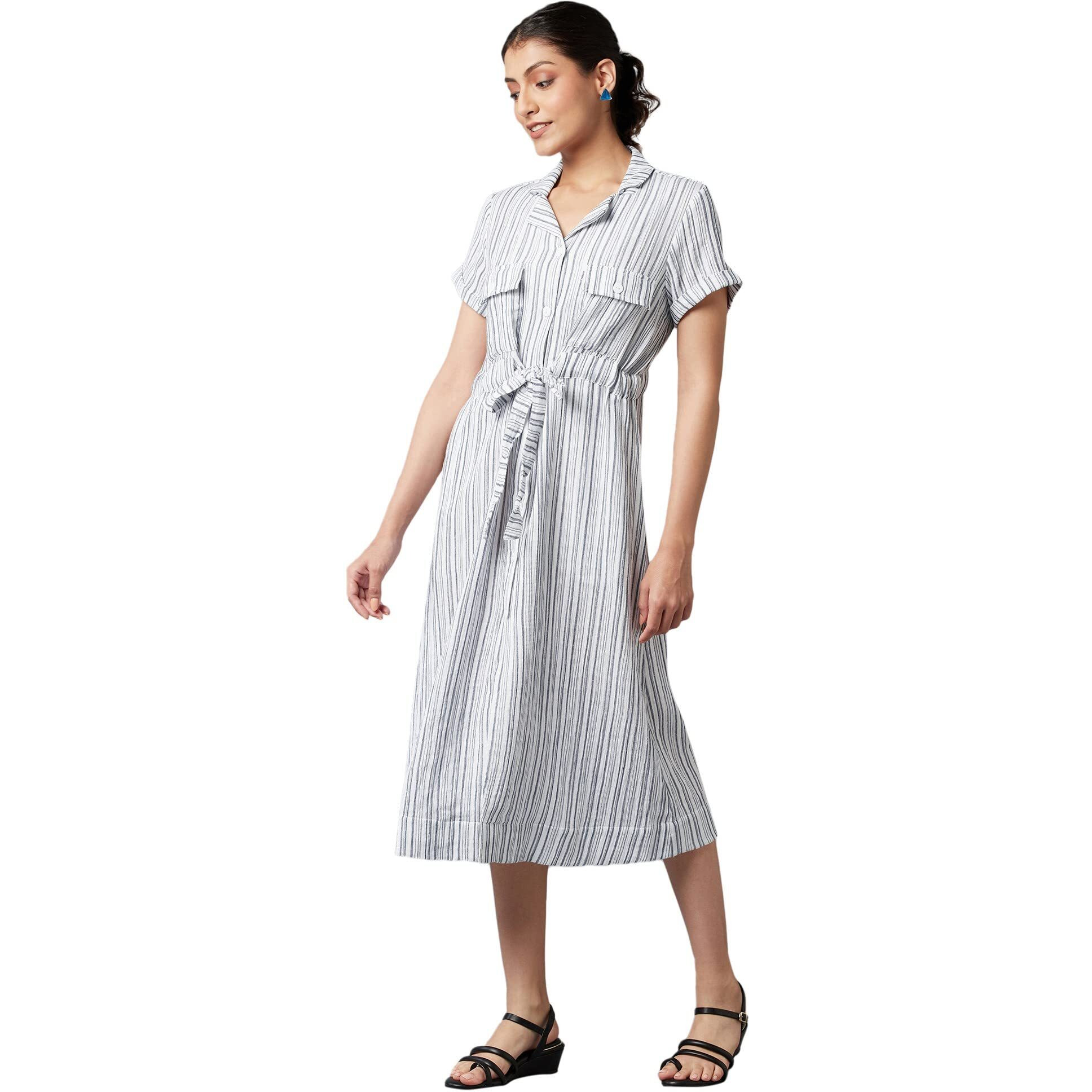 W For Woman Women's Cotton Blue Stripe Print Lapel Collar Dress Calf Length (22Few17754-830051 S)