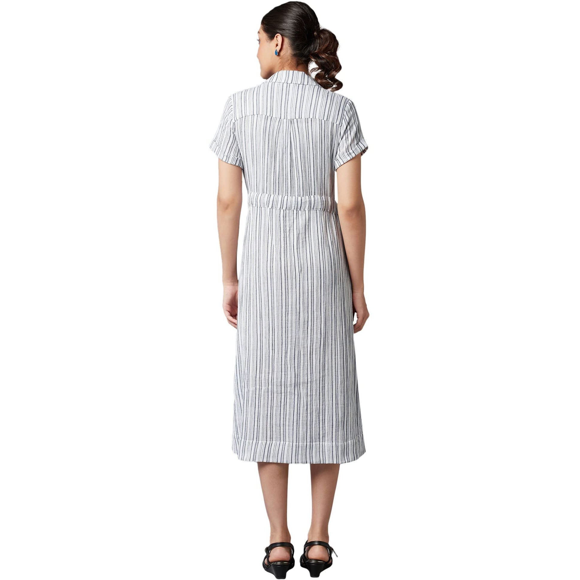 W For Woman Women's Cotton Blue Stripe Print Lapel Collar Dress Calf Length (22Few17754-830051 S)