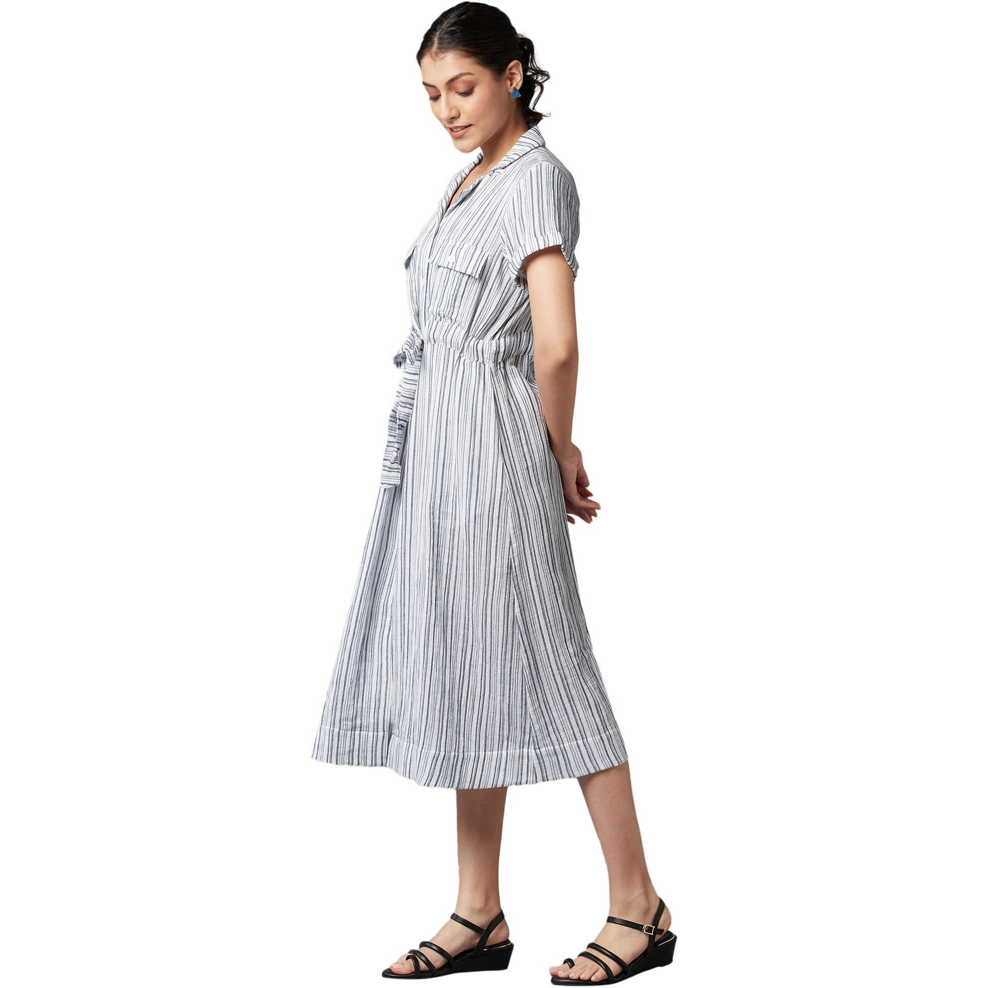 W For Woman Women's Cotton Blue Stripe Print Lapel Collar Dress Calf Length (22Few17754-830051 S)