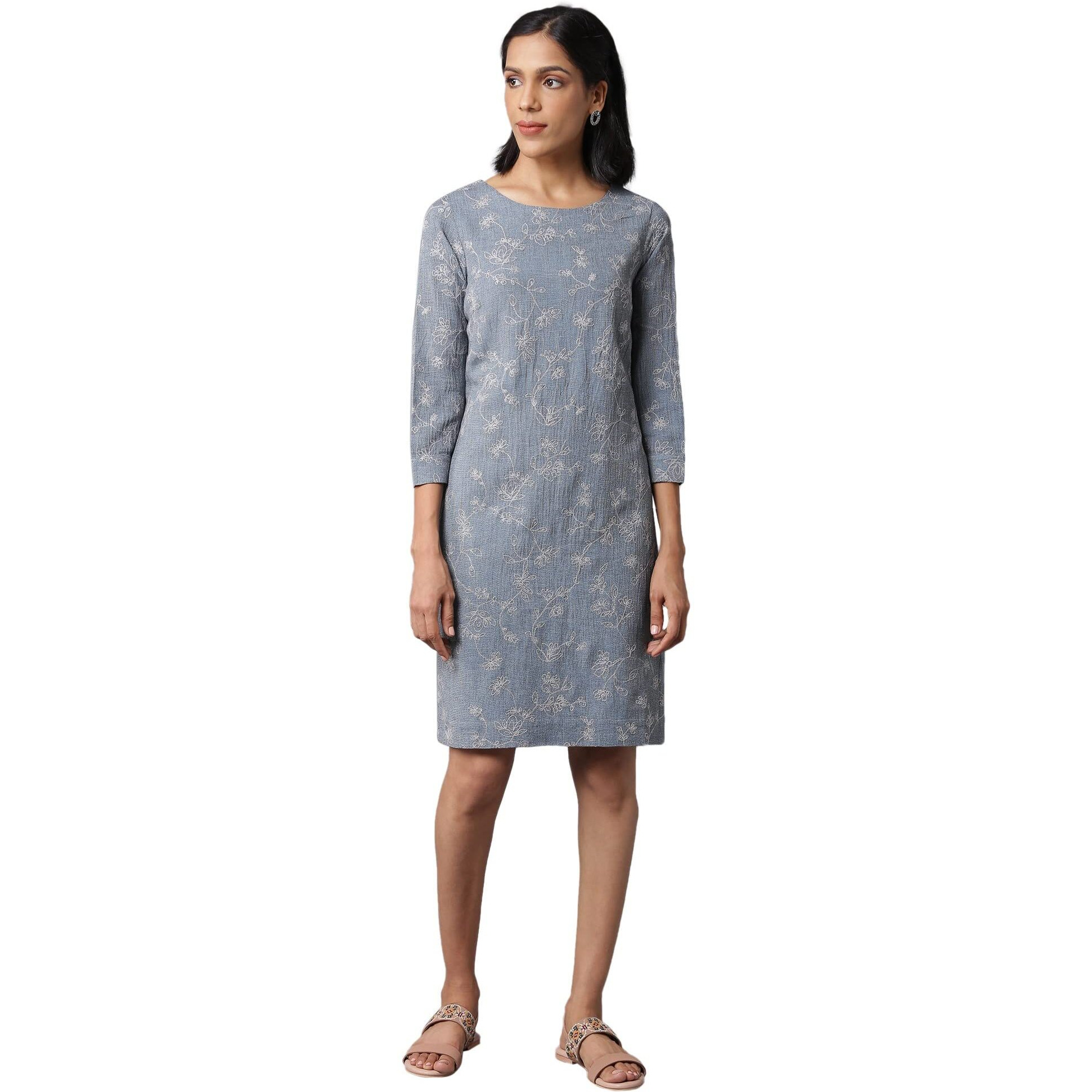 W For Woman Women's Polyester Above The Knee Dark Grey Yarn-Dyed Western Dress In Round Neck (22Few17930-830077 L)