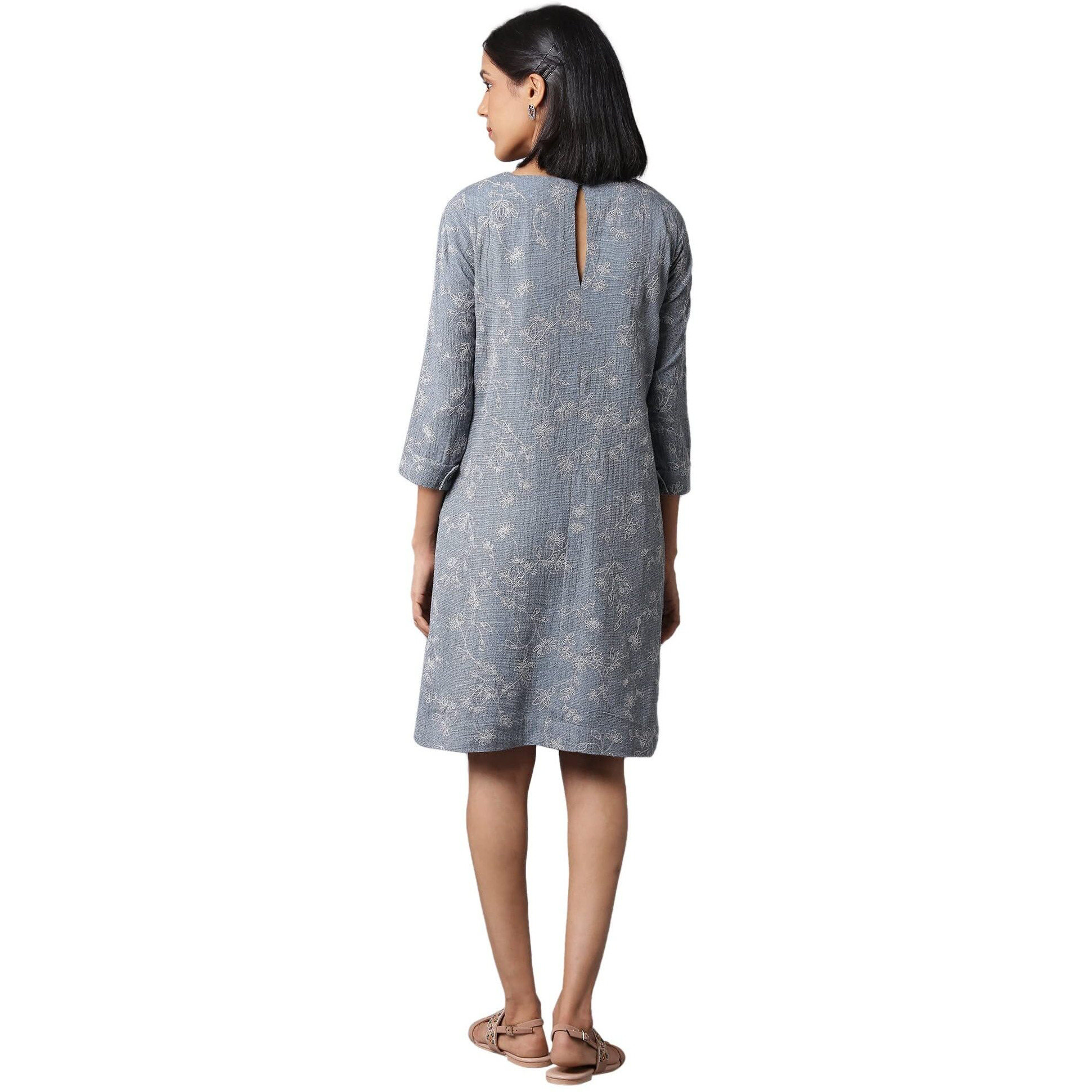 W For Woman Women's Polyester Above The Knee Dark Grey Yarn-Dyed Western Dress In Round Neck (22Few17930-830077 L)
