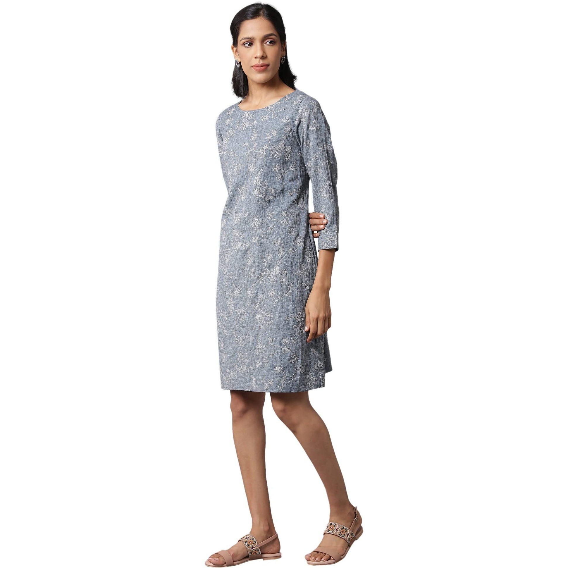 W For Woman Women's Polyester Above The Knee Dark Grey Yarn-Dyed Western Dress In Round Neck (22Few17930-830077 L)