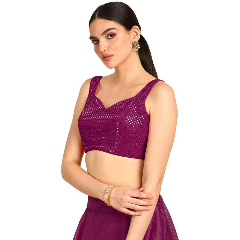 Soch Womens Wine Sequinned Sweetheart Neck Georgette Padded Blouse