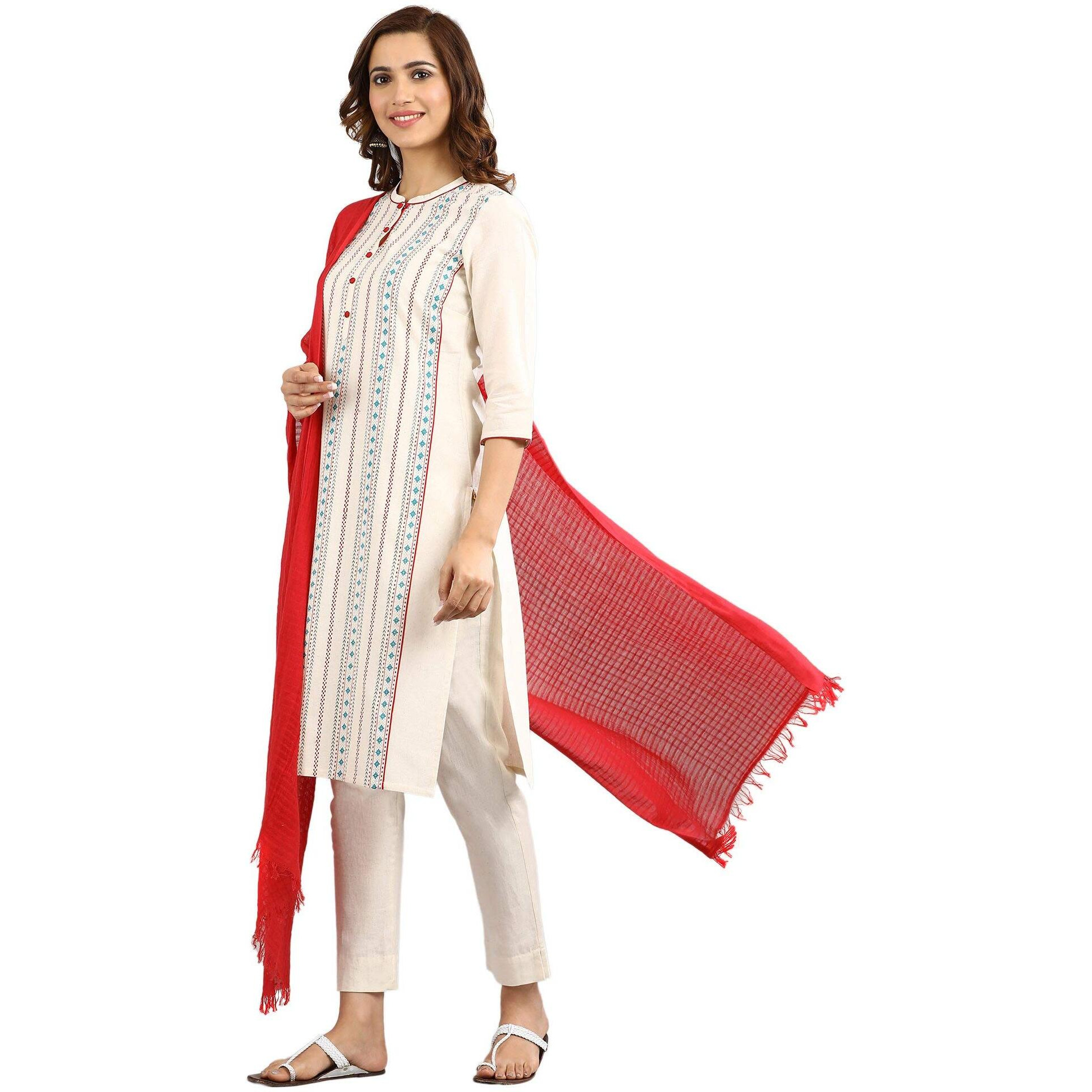 Aurelia Women Ecru Band Collar Cotton Kurta_22Fea10986-500992_Xs