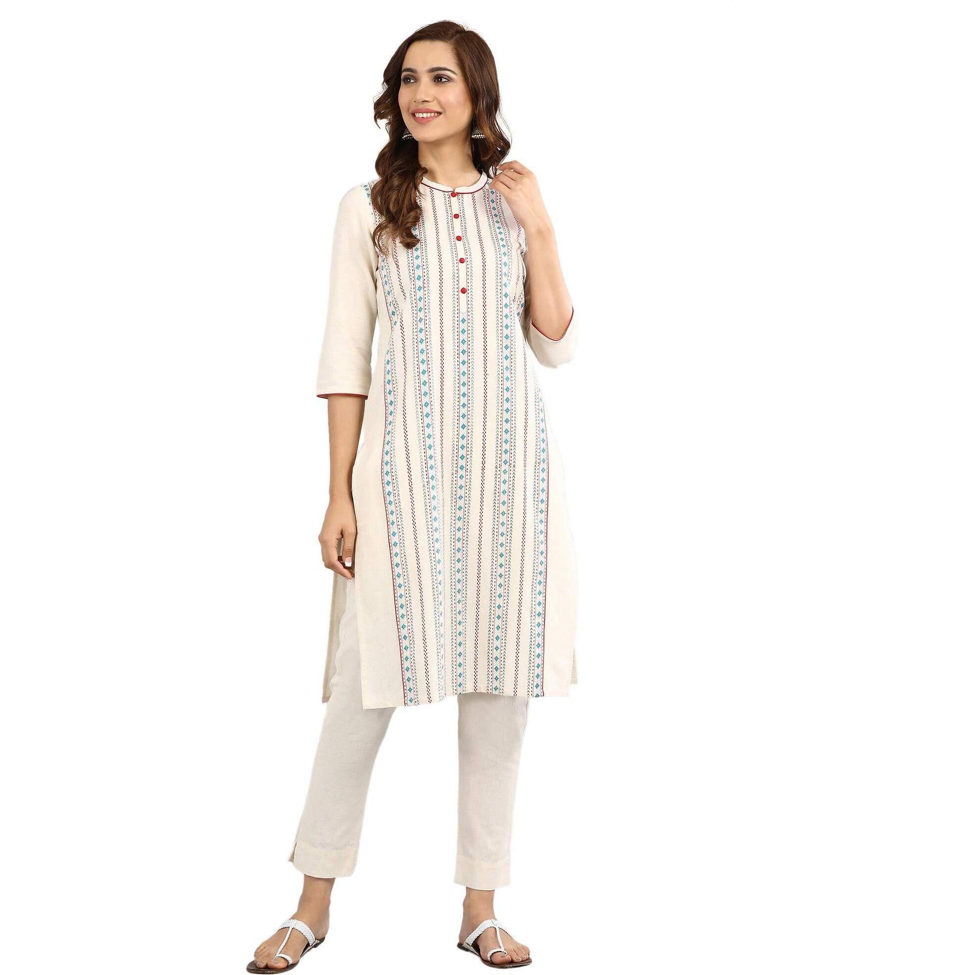 Aurelia Women Ecru Band Collar Cotton Kurta_22Fea10986-500992_Xs