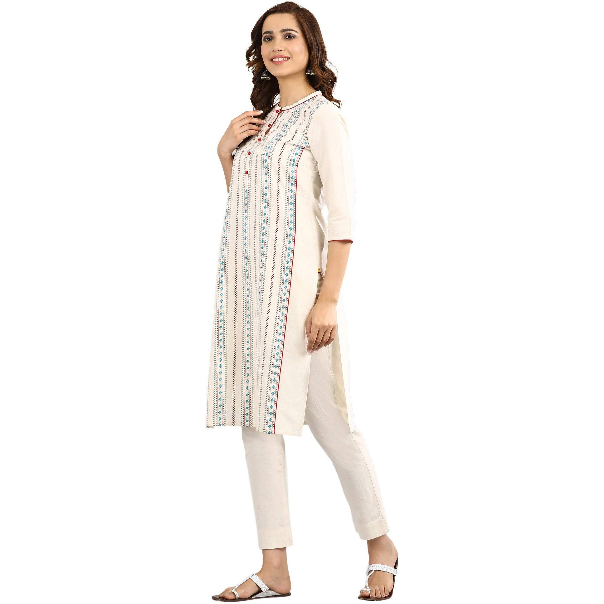 Aurelia Women Ecru Band Collar Cotton Kurta_22Fea10986-500992_Xs