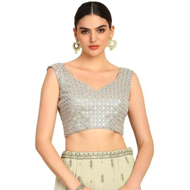 Soch Womens Grey Sequinned Sweetheart Neck Georgette Padded Blouse