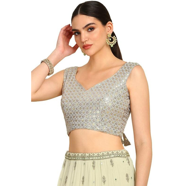 Soch Womens Grey Sequinned Sweetheart Neck Georgette Padded Blouse