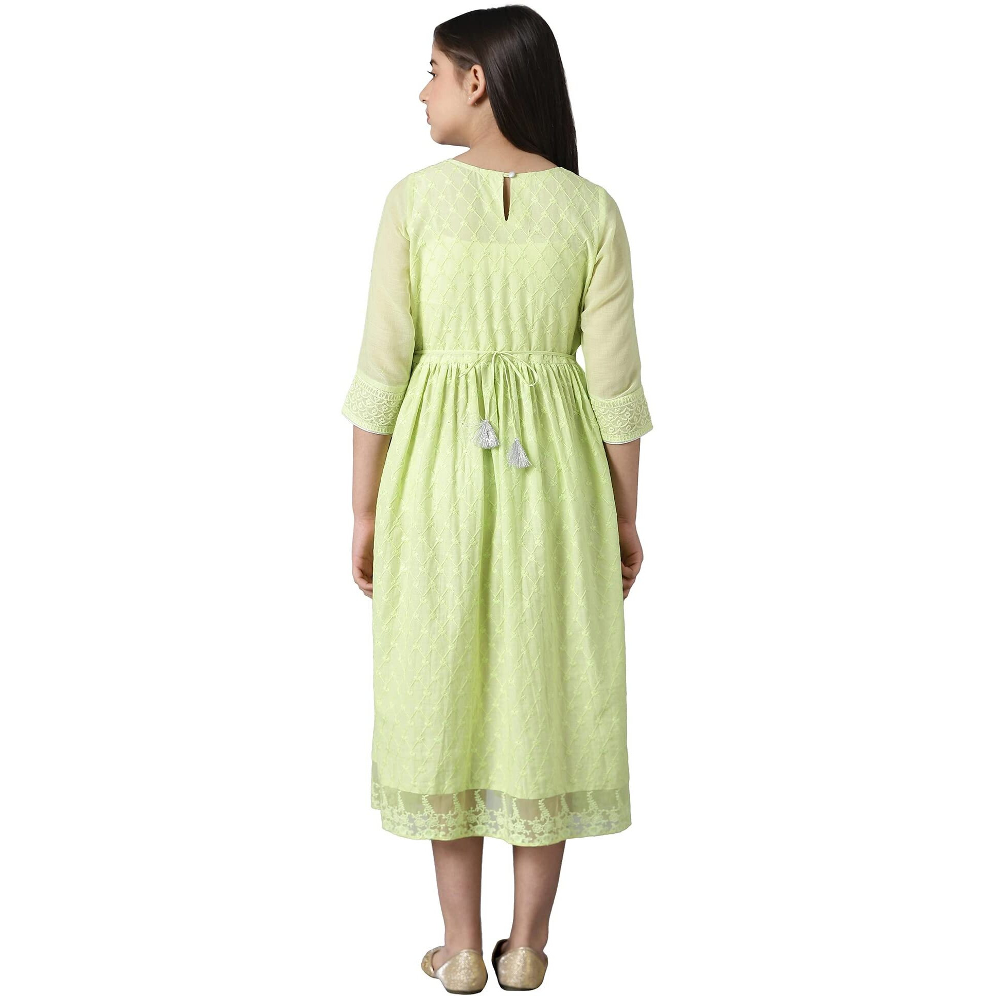 Aurelia Cotton Blend Girls Green Sequinned Flared Schiffli Dress Knee