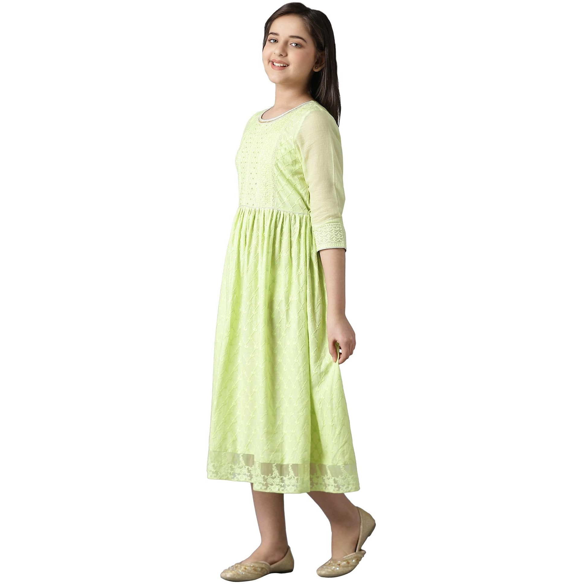 Aurelia Cotton Blend Girls Green Sequinned Flared Schiffli Dress Knee