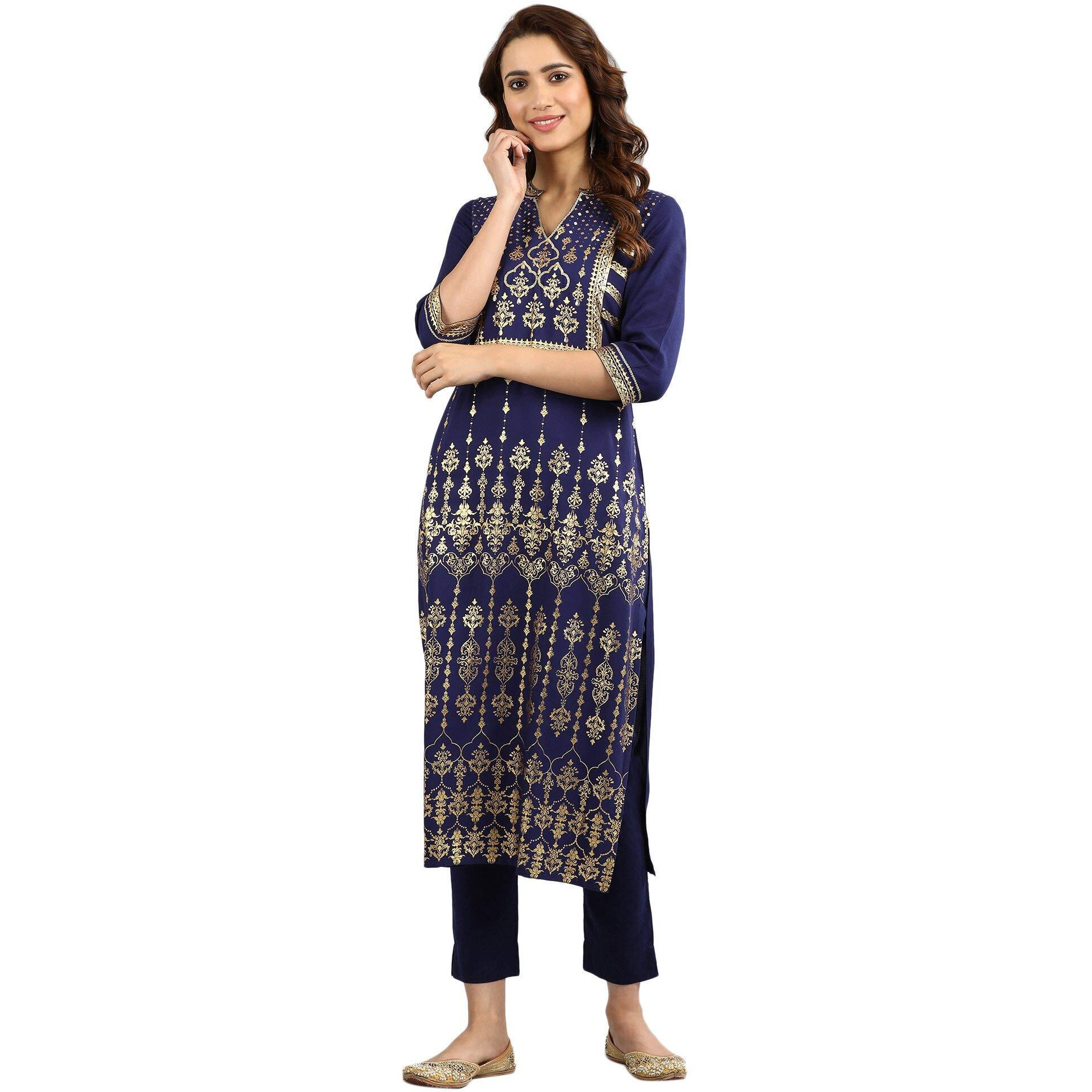 Aurelia Women's Viscose Regular Kurta (22Fea10776-500612_Sailor Blue_Xl)
