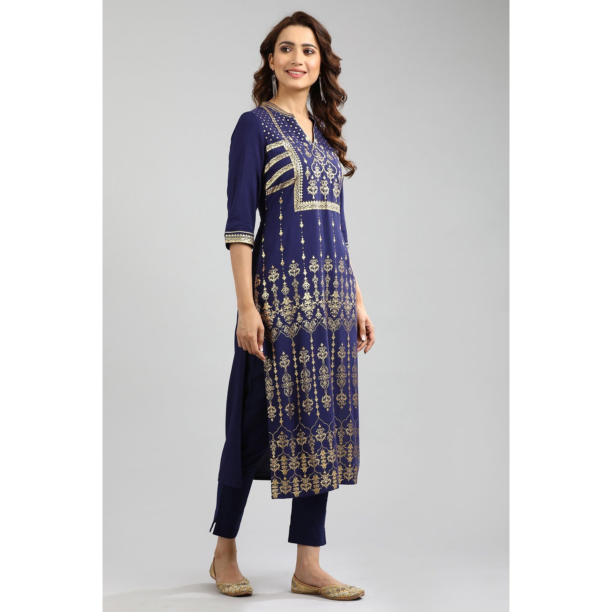 Aurelia Women's Viscose Regular Kurta (22Fea10776-500612_Sailor Blue_Xl)