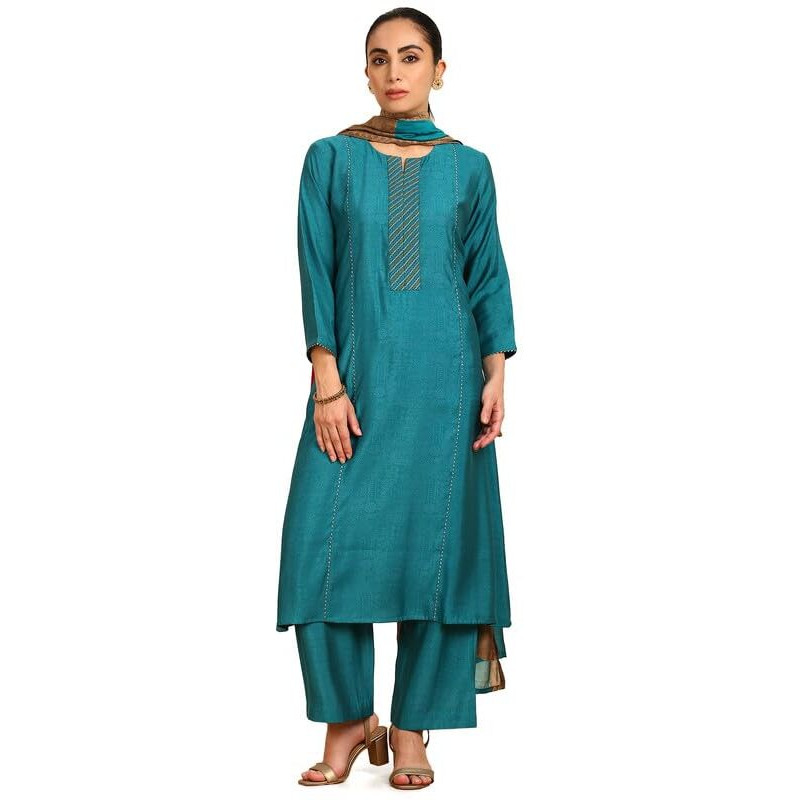 Soch Womens Teal Ethnic Print Notched Neck Muslin Blend Suit Set