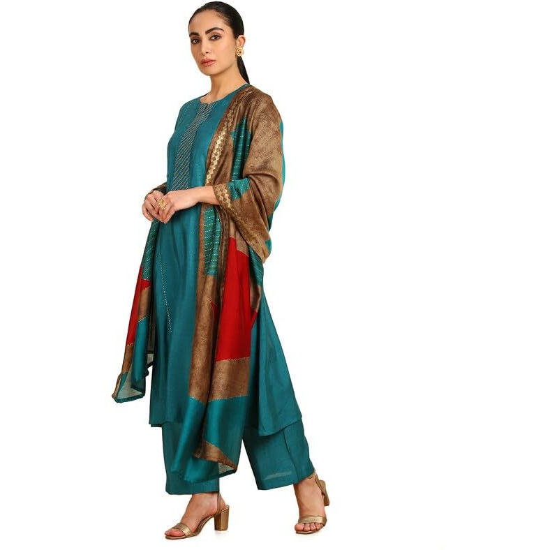 Soch Womens Teal Ethnic Print Notched Neck Muslin Blend Suit Set