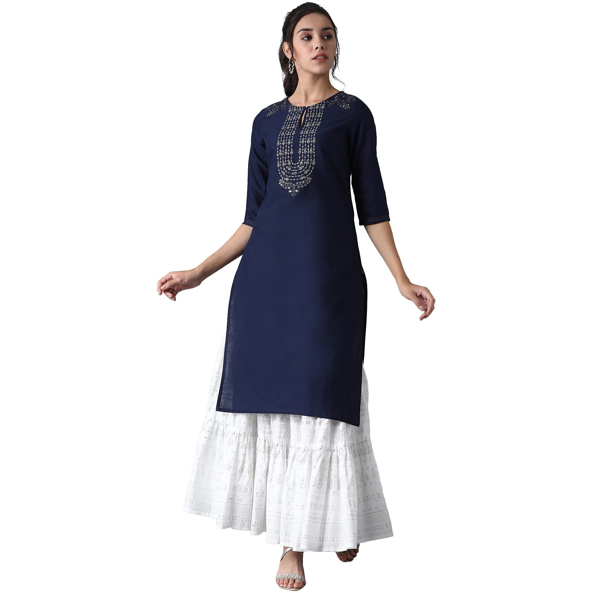 W For Woman Cotton Blue Solid Kurta With Embroidery On Yoke
