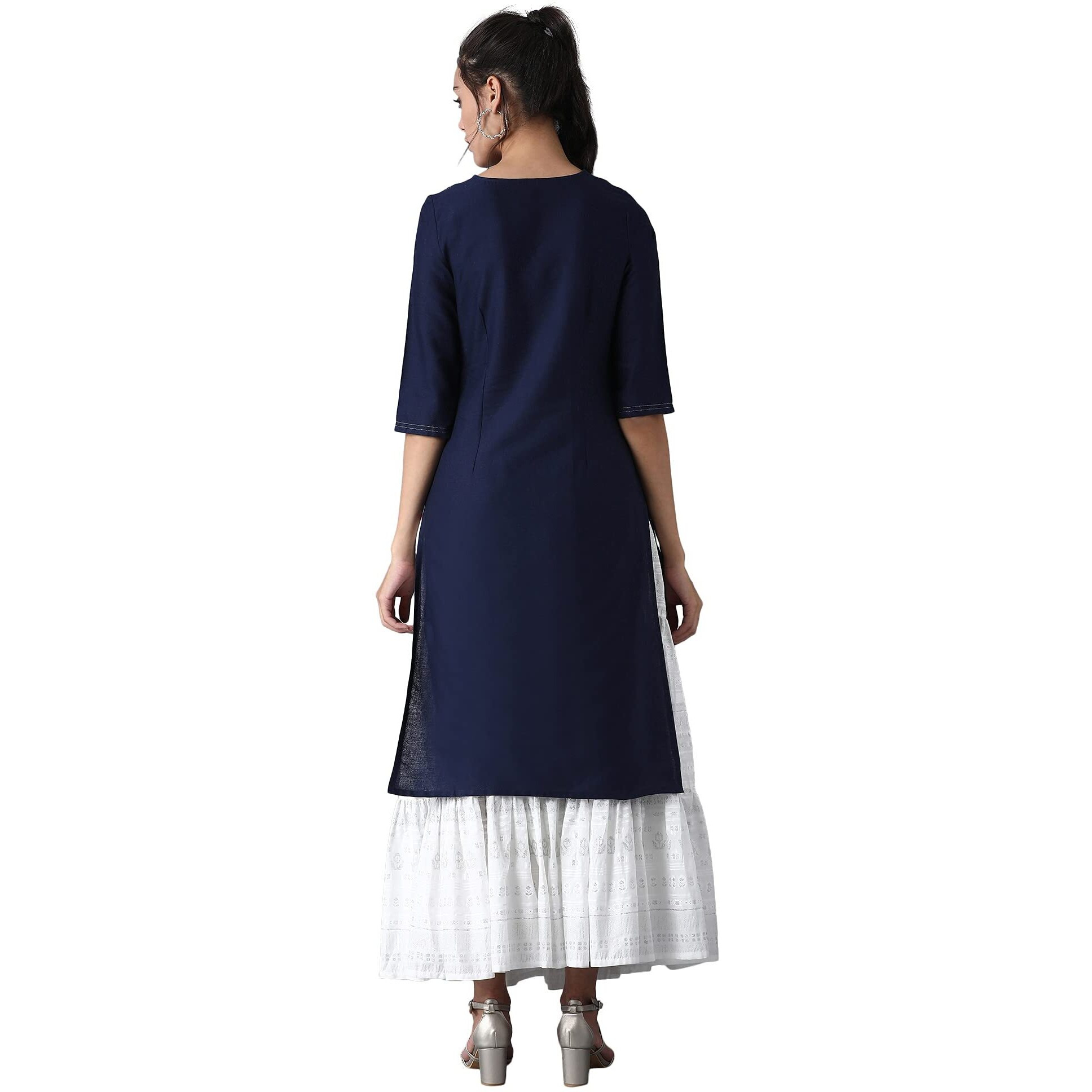 W For Woman Cotton Blue Solid Kurta With Embroidery On Yoke
