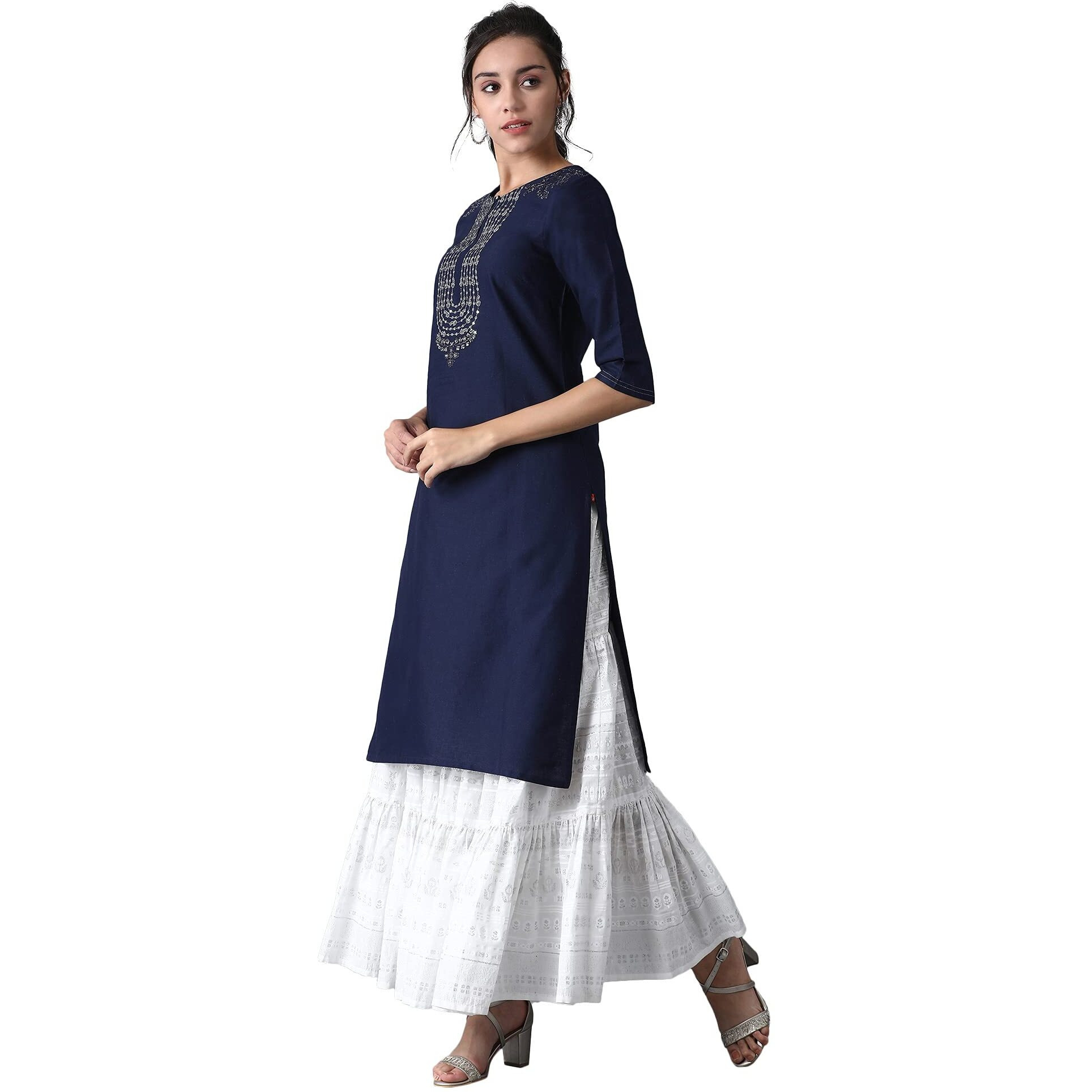 W For Woman Cotton Blue Solid Kurta With Embroidery On Yoke