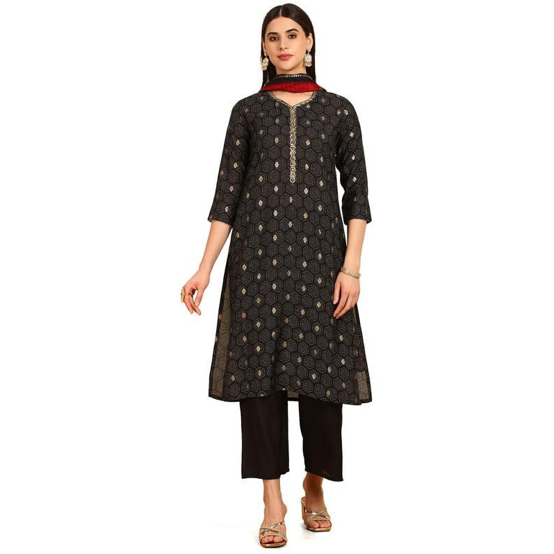 Soch Womens Black Abstract Print Mandarin Collar Muslin Blend Suit Set